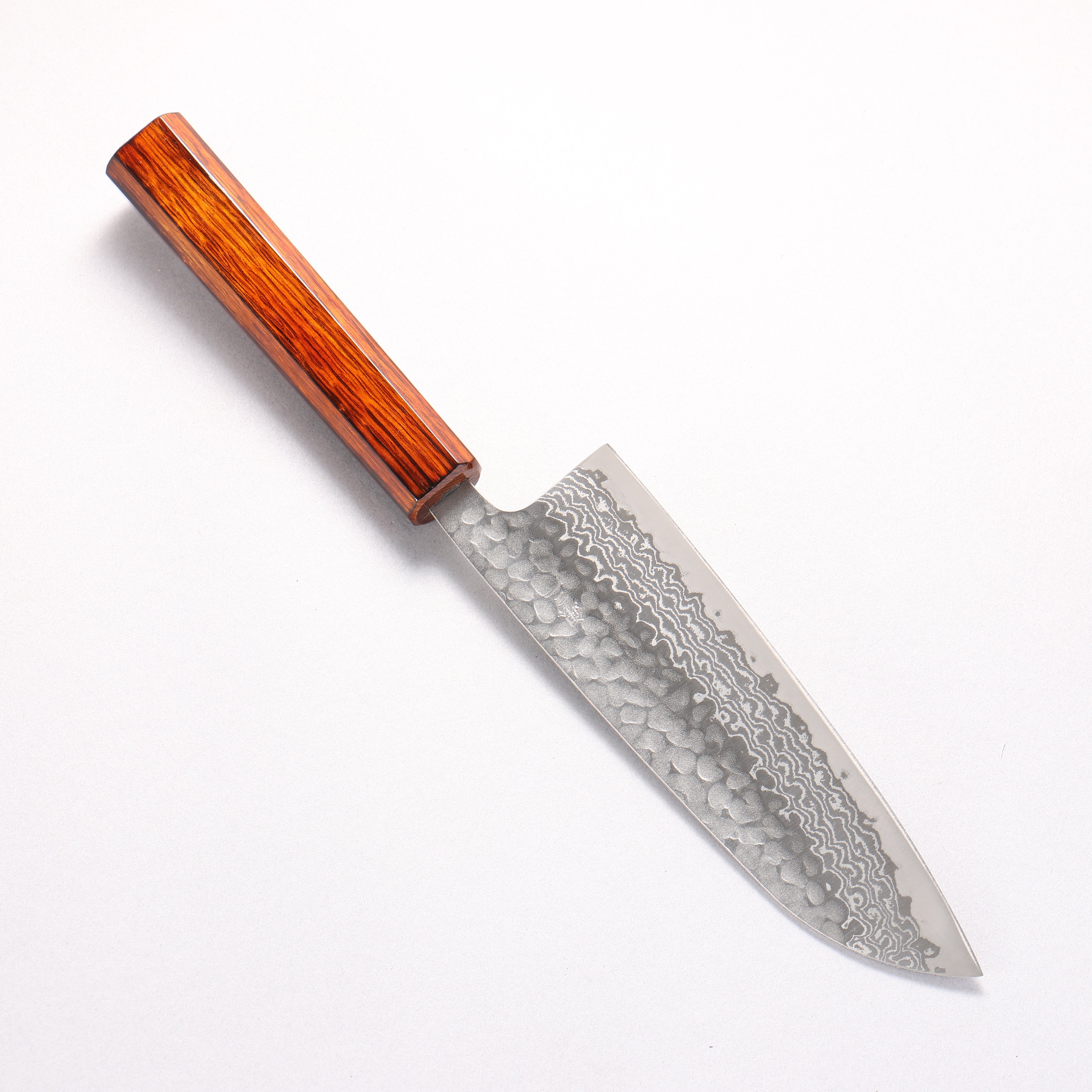 Oul Silver Steel No.3 Hammered Damascus Santoku 165mm Burnt Oak (Lacquered) Handle - Japanny - Best Japanese Knife