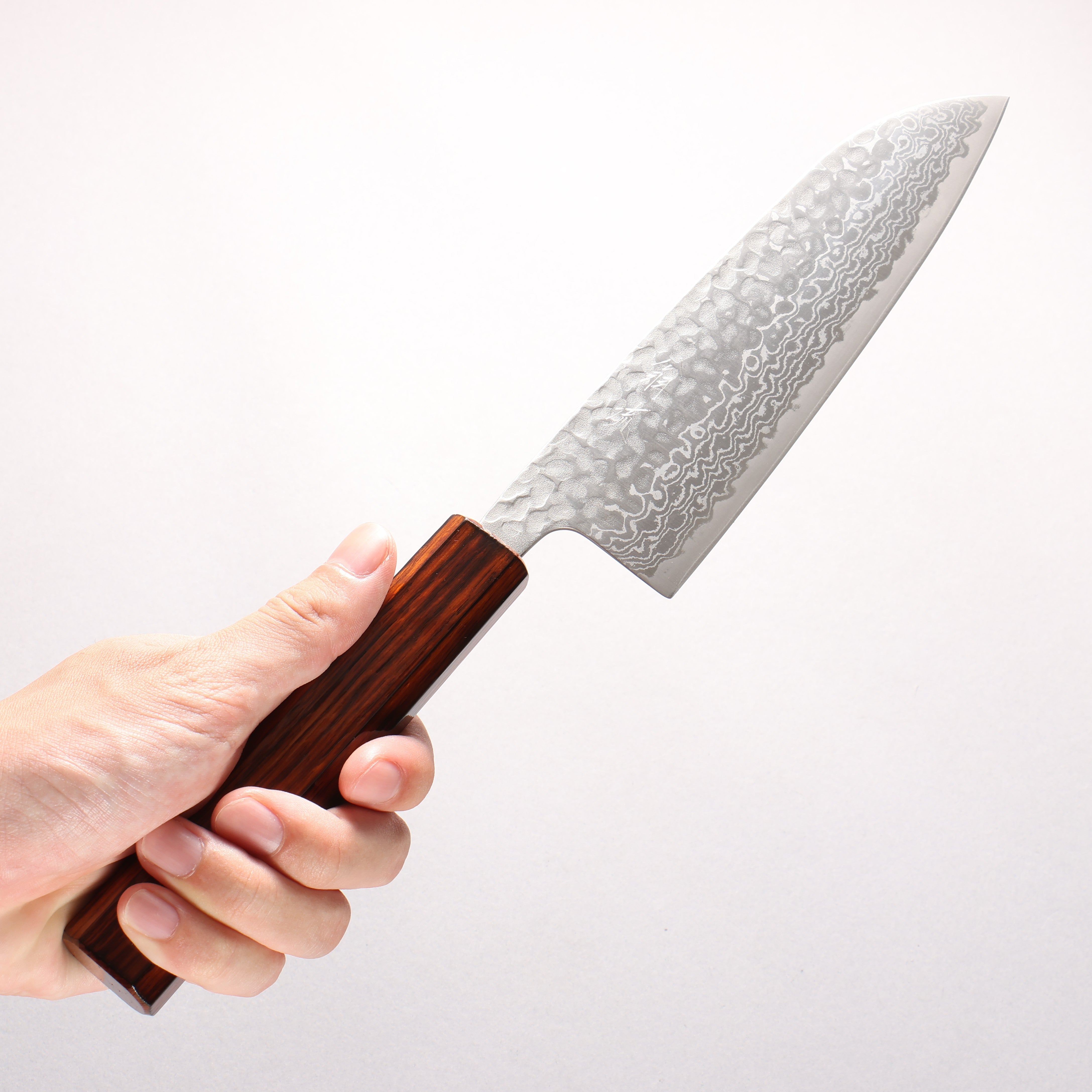 Oul Silver Steel No.3 Hammered Damascus Santoku 165mm Burnt Oak (Lacquered) Handle - Japanny - Best Japanese Knife