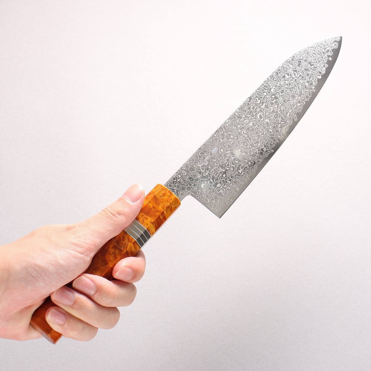 Kanjyo SG2 Damascus Migaki Finished Santoku 180mm Brown Stabilized Wood (Silver Rings) Handle - Japanny - Best Japanese Knife