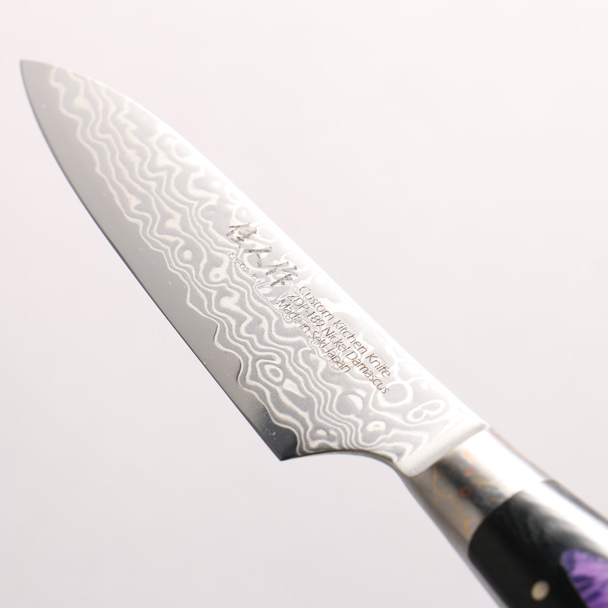 Kajin ZDP189 Damascus Migaki Finished Petty-Utility 95mm Linen Micarta With Gemstone Inlayed Handle
