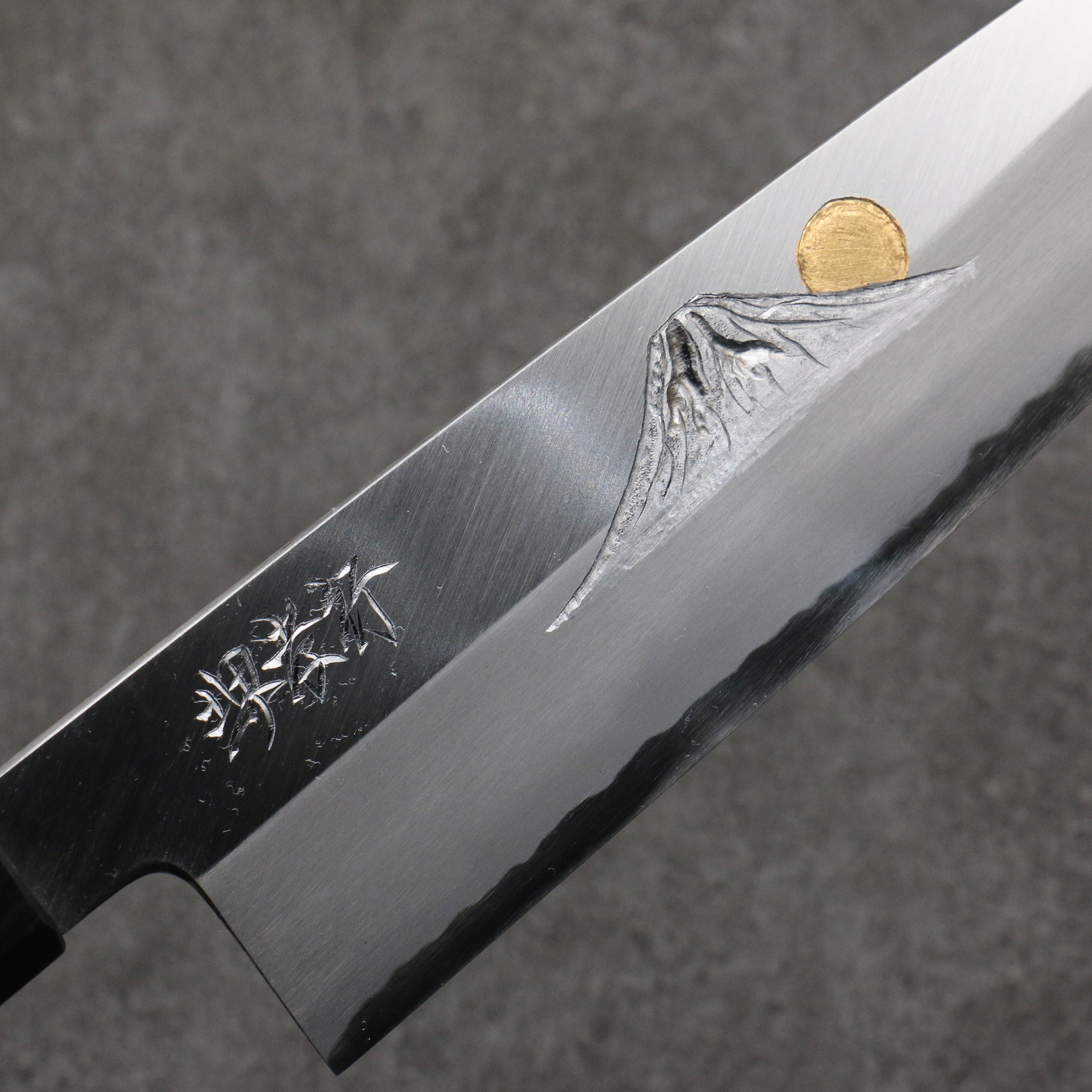 Sakai Takayuki Gold Filled Engraving by Kubota Fuji and Sunset Blue Steel No.2 Gyuto  240mm Magnolia  (Ferrule: Water Buffalo Horn) Handle - Japanny - Best Japanese Knife