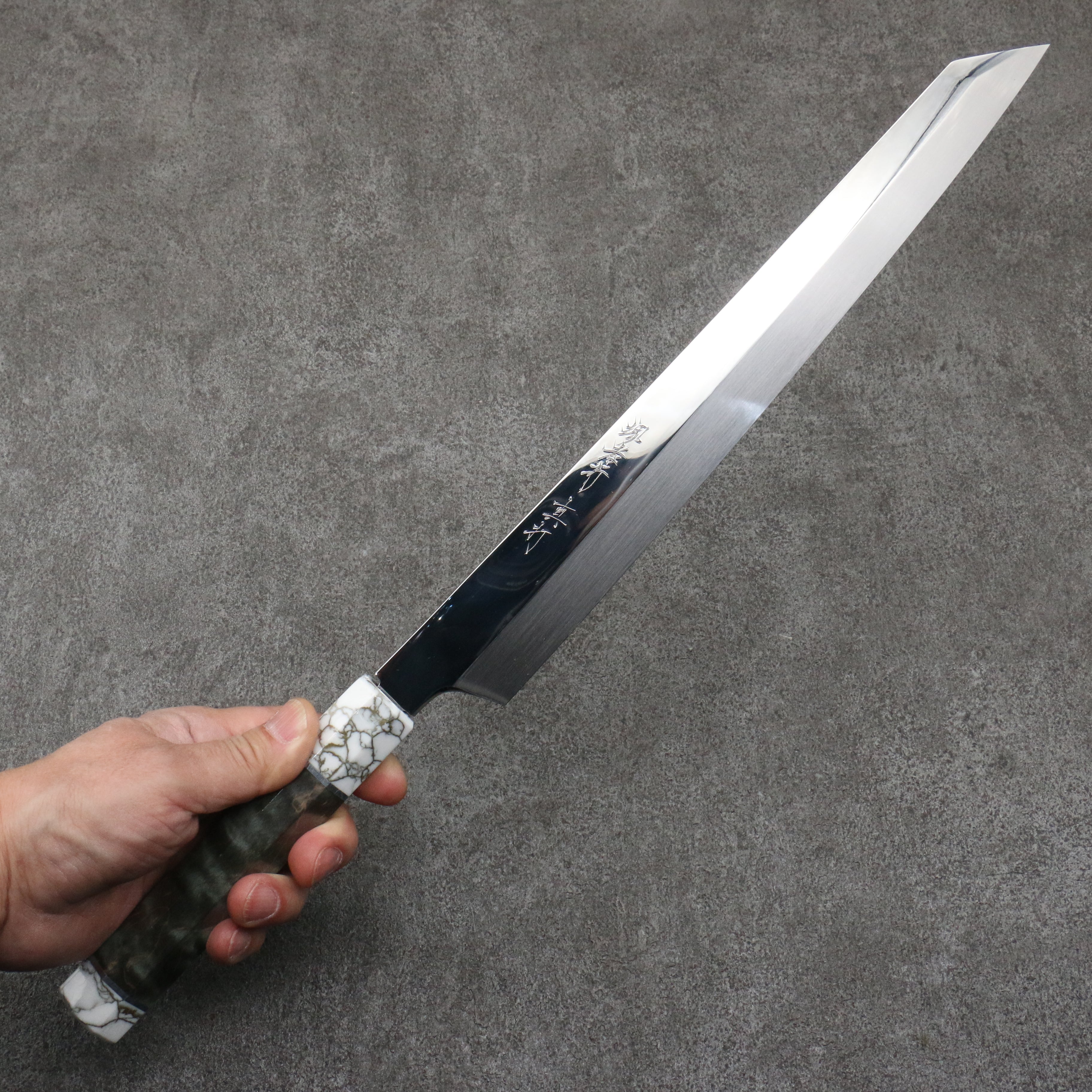 Sakai Takayuki Hien White Steel No.2 Honyaki Kiritsuke Yanagiba  300mm Stabilized wood (White Ferrule and End Cap) Handle with Sheath - Japanny - Best Japanese Knife