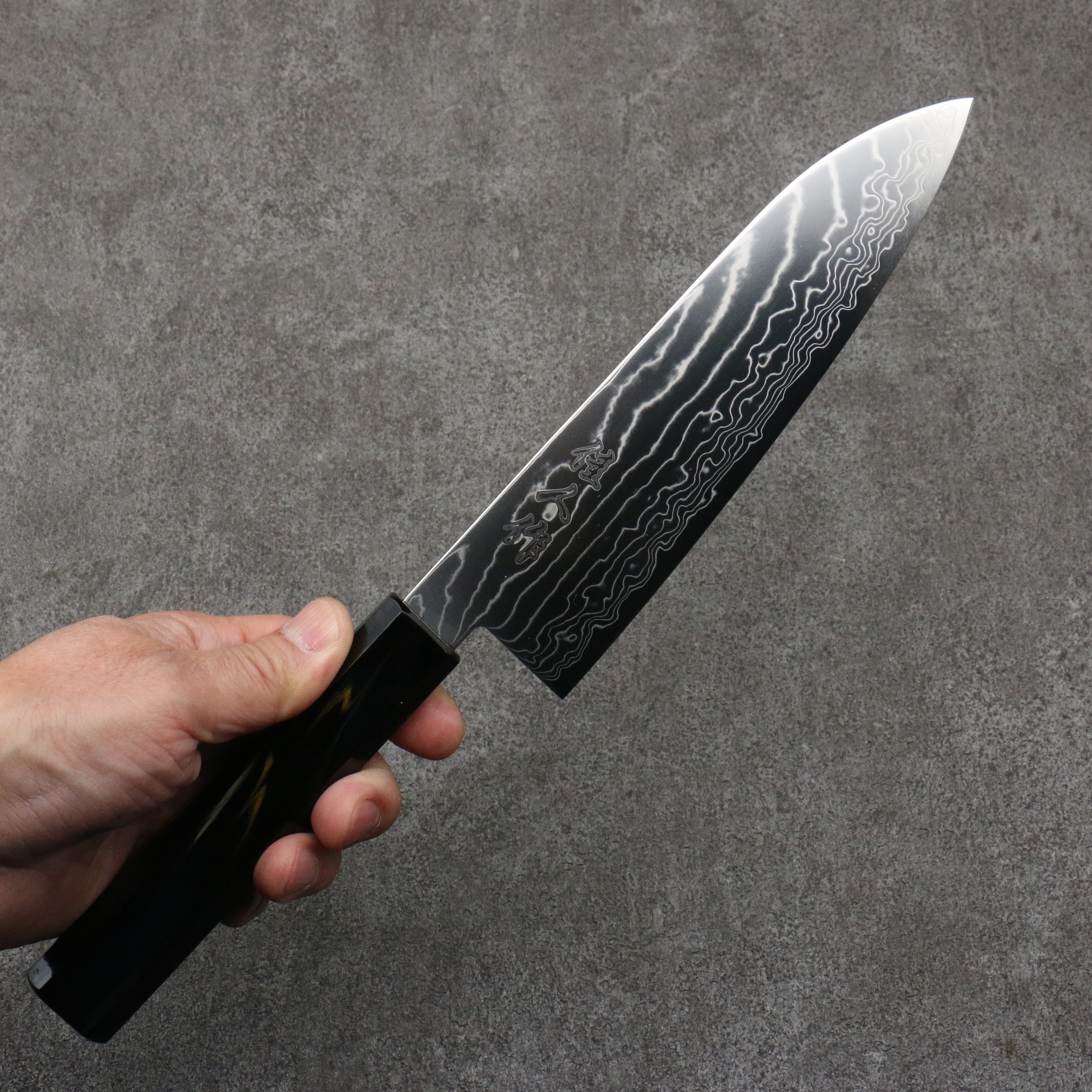 Kajin Cobalt Special Steel Damascus Santoku  180mm Dark Blue and Gold Lacquered Handle - Japanny - Best Japanese Knife