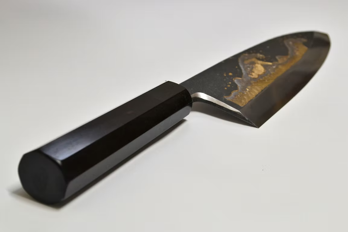 Sakai Takayuki Gold Filled Engraving by Kubota The Great Wave White Steel No.2 Black Finished Deba 240mm Ebony Wood (ferrule: Black Water Buffalo Horn And Silver Ring) Handle - Japanny - Best Japanese Knife