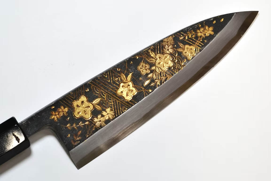 Sakai Takayuki Gold Filled Engraving by Kubota Karyū White Steel No.2 Black Finished Deba 165mm Ebony Wood (ferrule: Black Water Buffalo Horn And Silver Ring) Handle - Japanny - Best Japanese Knife