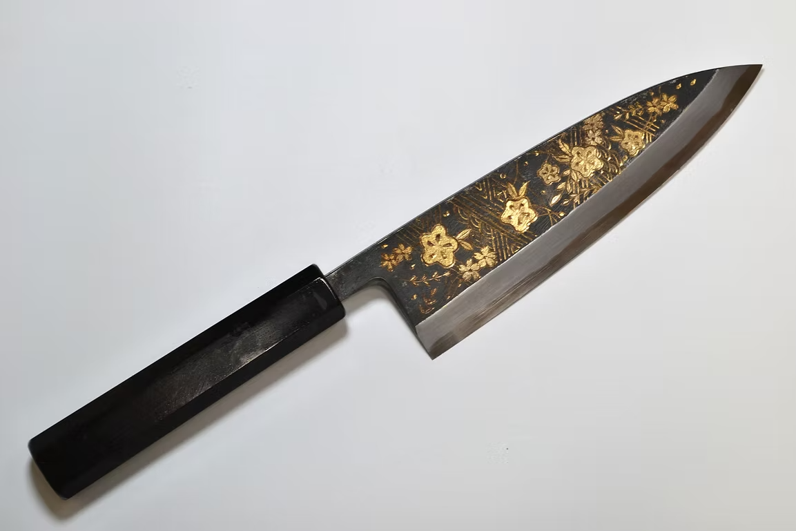 Sakai Takayuki Gold Filled Engraving by Kubota Karyū White Steel No.2 Black Finished Deba 165mm Ebony Wood (ferrule: Black Water Buffalo Horn And Silver Ring) Handle