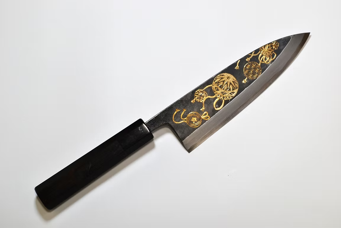 Sakai Takayuki Gold Filled Engraving by Kubota Temari White Steel No.2 Black Finished Deba 165mm Ebony Wood (ferrule: Black Water Buffalo Horn And Silver Ring) Handle