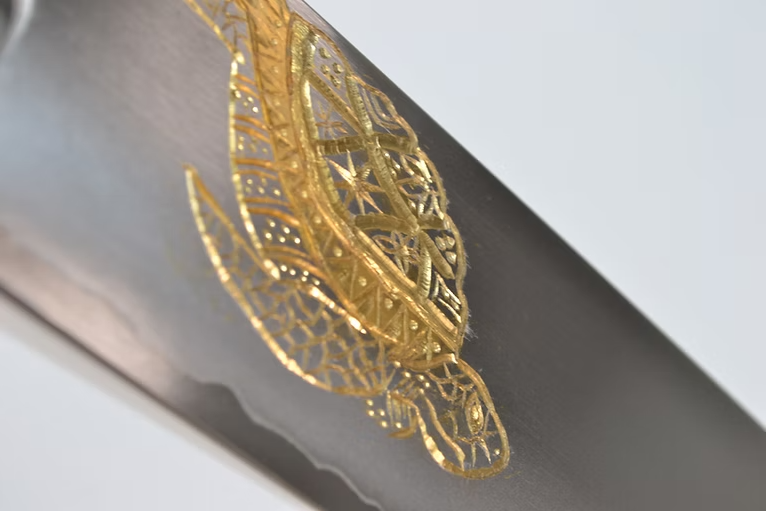 Sakai Takayuki Gold Filled Engraving by Kubota Turtle Silver Steel No.3 Santoku 180mm Ebony Wood (ferrule: Black Water Buffalo Horn And Silver Ring) Handle - Japanny - Best Japanese Knife