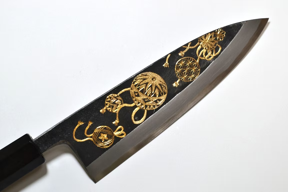 Sakai Takayuki Gold Filled Engraving by Kubota Temari White Steel No.2 Black Finished Deba 165mm Ebony Wood (ferrule: Black Water Buffalo Horn And Silver Ring) Handle - Japanny - Best Japanese Knife