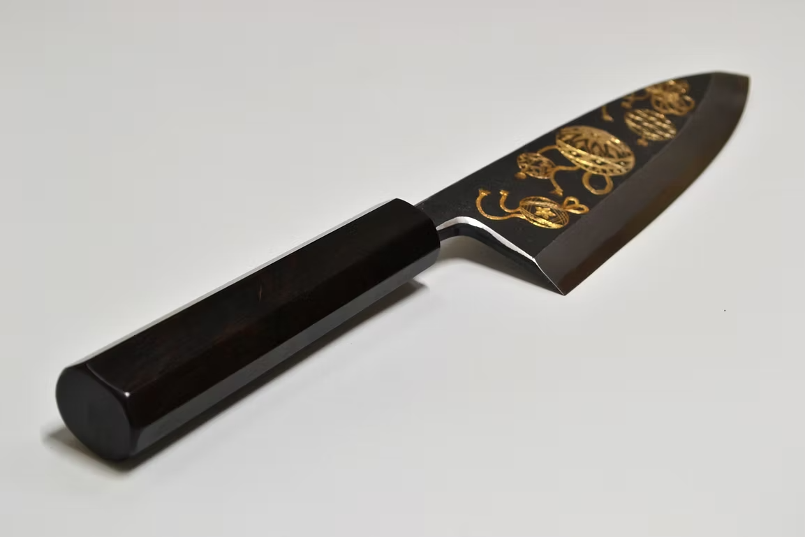 Sakai Takayuki Gold Filled Engraving by Kubota Temari White Steel No.2 Black Finished Deba 165mm Ebony Wood (ferrule: Black Water Buffalo Horn And Silver Ring) Handle - Japanny - Best Japanese Knife