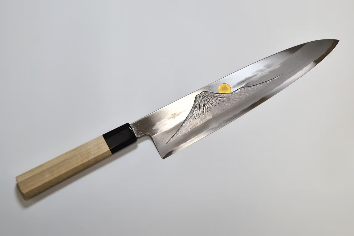 Sakai Takayuki Gold Filled Engraving by Kubota Sunset over Mt. Fuji Blue Steel No.2 Gyuto 240mm Magnolia (Ferrule: Water Buffalo Horn) Handle