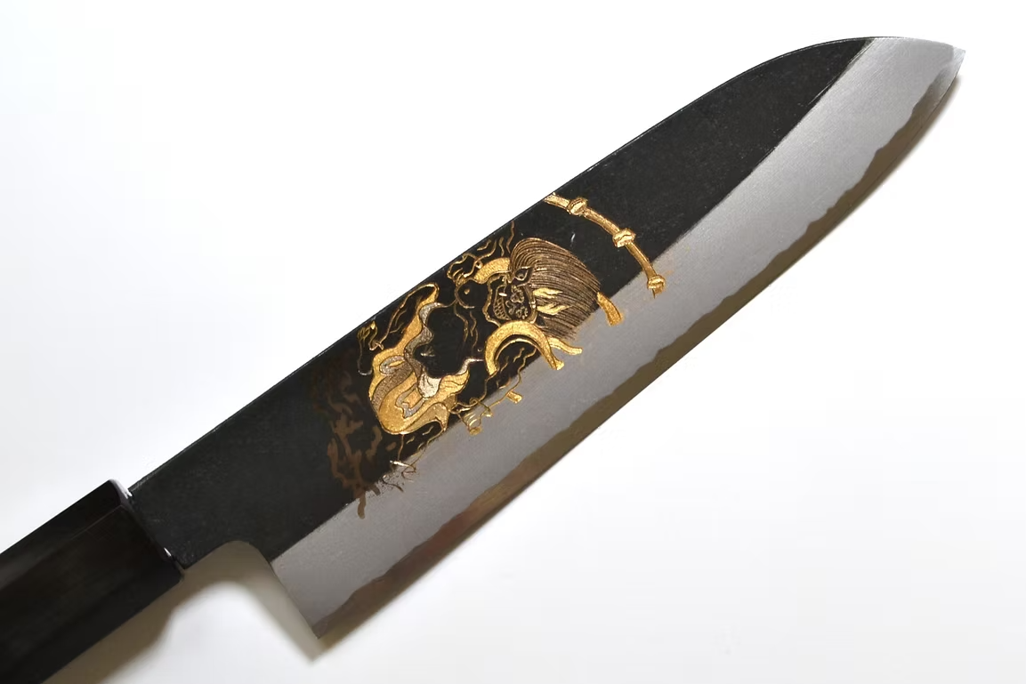 Sakai Takayuki Gold Filled Engraving by Kubota Raijin White Steel No.2 Black Finished Santoku 180mm Ebony Wood (ferrule: Black Water Buffalo Horn And Silver Ring) Handle - Japanny - Best Japanese Knife