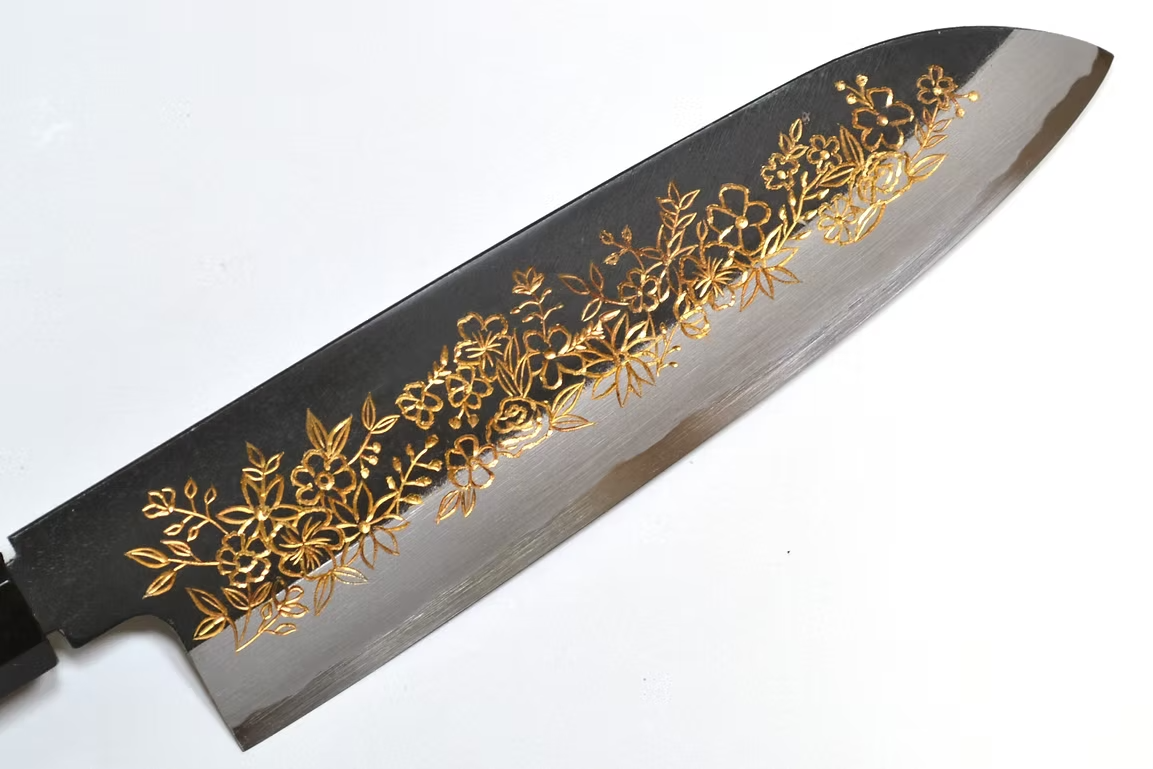 Sakai Takayuki Gold Filled Engraving by Kubota Flower garden White Steel No.2 Black Finished Santoku 180mm Ebony Wood (ferrule: Black Water Buffalo Horn And Silver Ring) Handle - Japanny - Best Japanese Knife