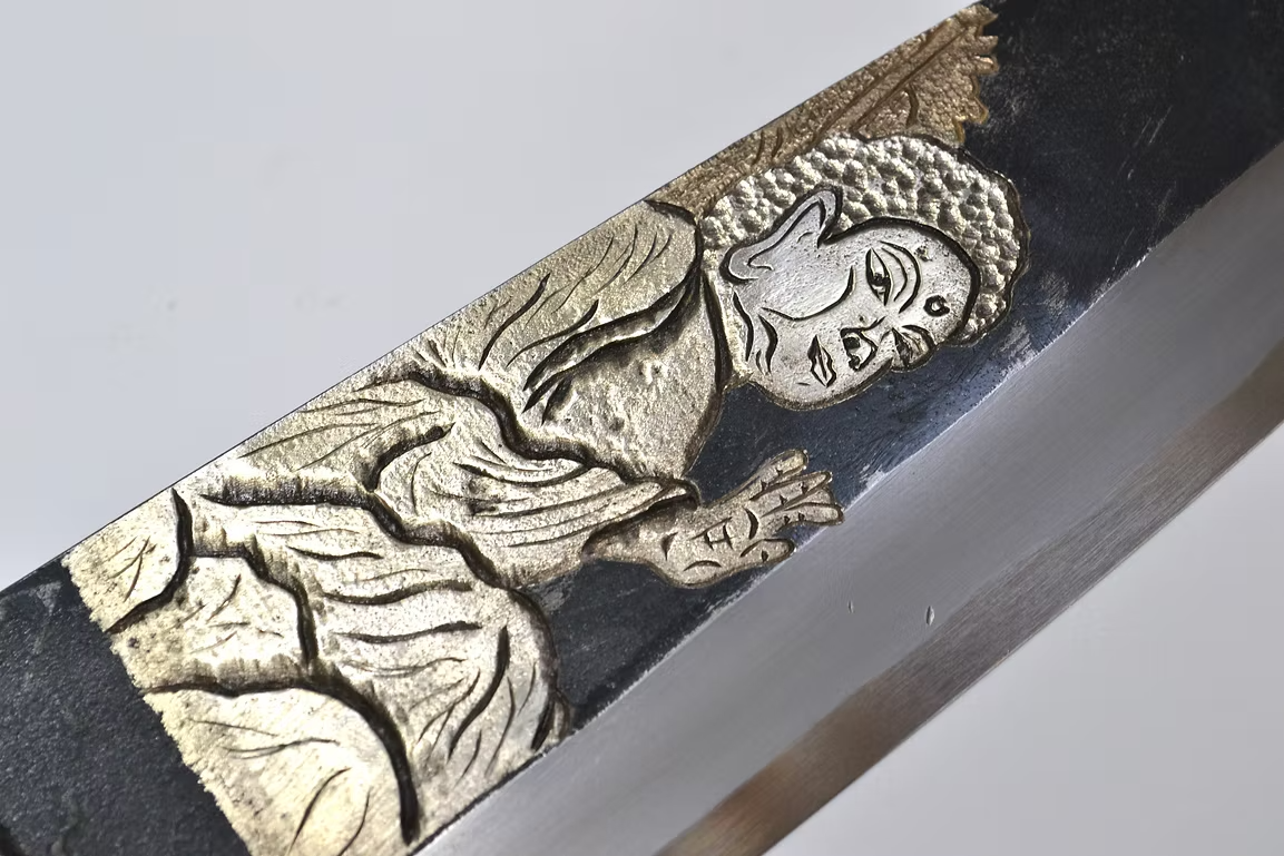 Sakai Takayuki Metal Decorated Engraving by Kubota Buddha White Steel No.2 Black Finished Deba 210mm Ebony Wood (ferrule: Black Water Buffalo Horn And Silver Ring) Handle - Japanny - Best Japanese Knife