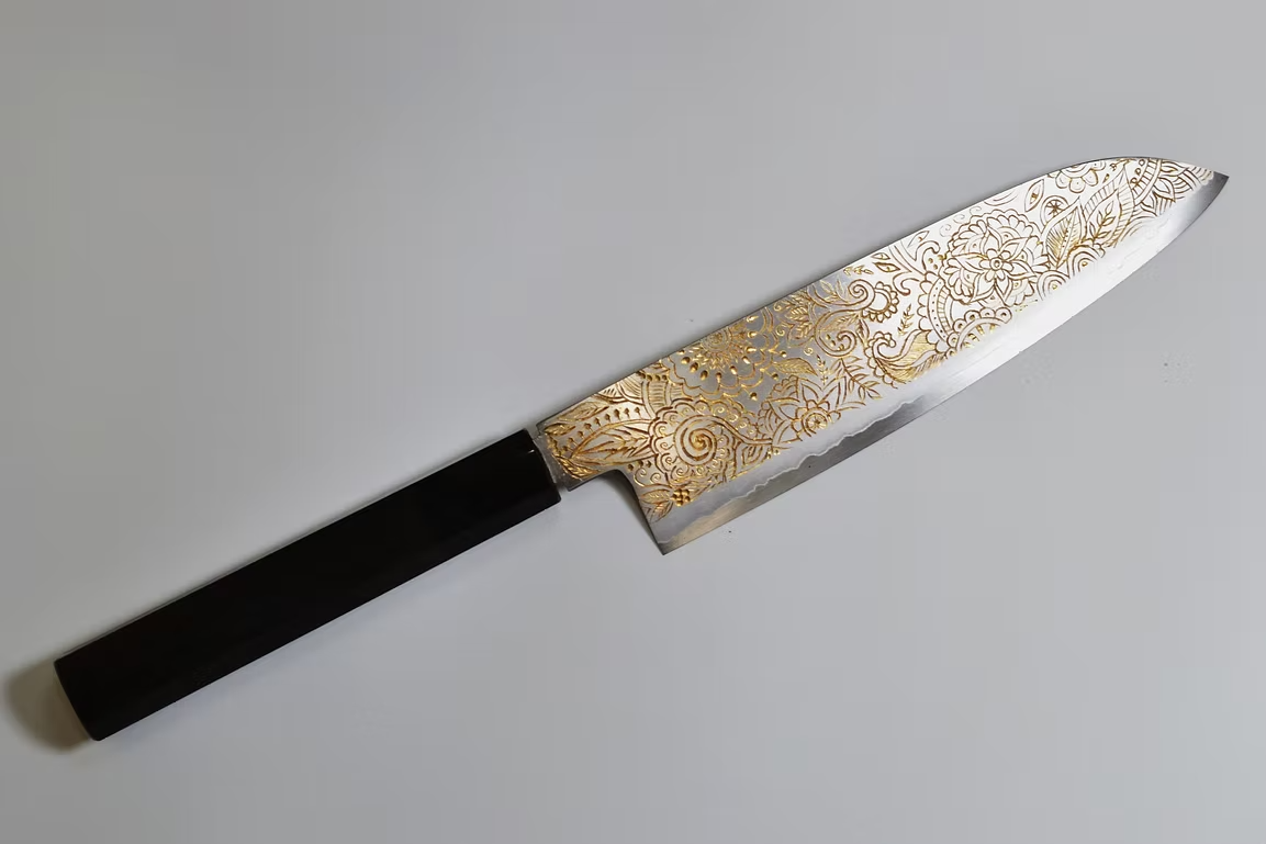 Sakai Takayuki Gold Filled Engraving by Kubota Mandala Silver Steel No.3 Santoku 180mm Ebony Wood (ferrule: Black Water Buffalo Horn And Silver Ring) Handle