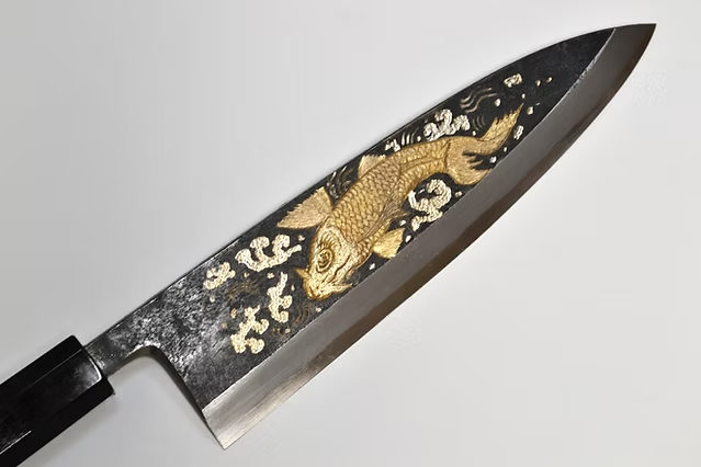 Sakai Takayuki Metal Decorated Engraving by Kubota Sojo no koi White Steel No.2 Black Finished Deba 240mm Ebony Wood (ferrule: Black Water Buffalo Horn And Silver Ring) Handle