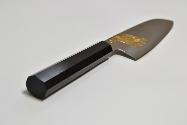 Sakai Takayuki Gold Filled Engraving by Kubota Turtle Silver Steel No.3 Santoku 180mm Ebony Wood (ferrule: Black Water Buffalo Horn And Silver Ring) Handle - Japanny - Best Japanese Knife