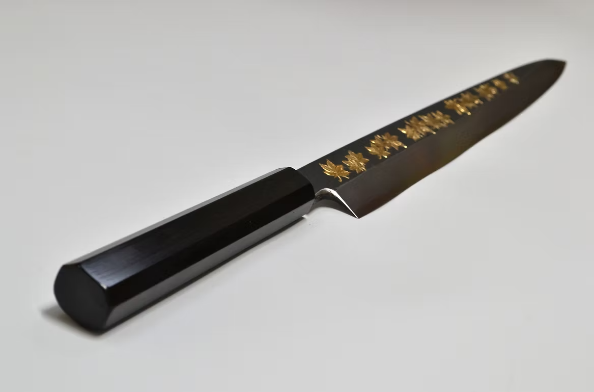 Sakai Takayuki Gold Filled Engraving by Kubota Maple White Steel No.2 Black Finished Yanagiba 270mm Ebony Wood (ferrule: Black Water Buffalo Horn And Silver Ring) Handle - Japanny - Best Japanese Knife