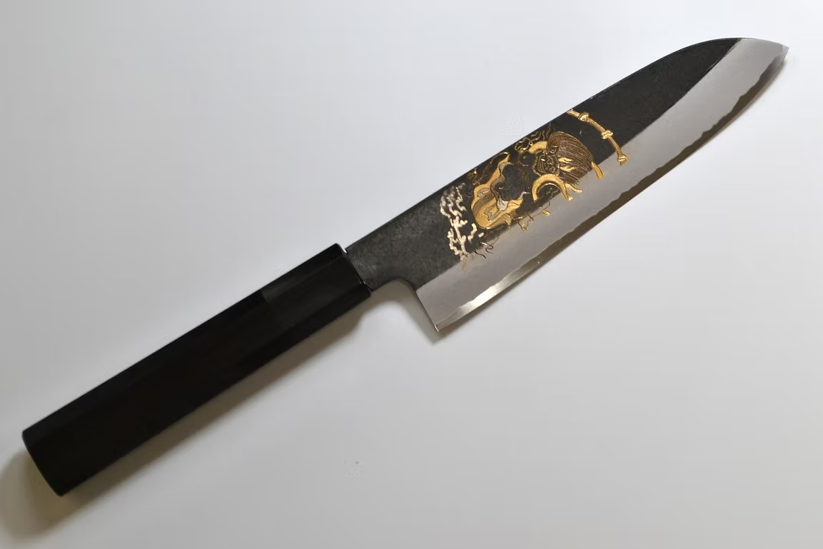 Sakai Takayuki Gold Filled Engraving by Kubota Raijin White Steel No.2 Black Finished Santoku 180mm Ebony Wood (ferrule: Black Water Buffalo Horn And Silver Ring) Handle
