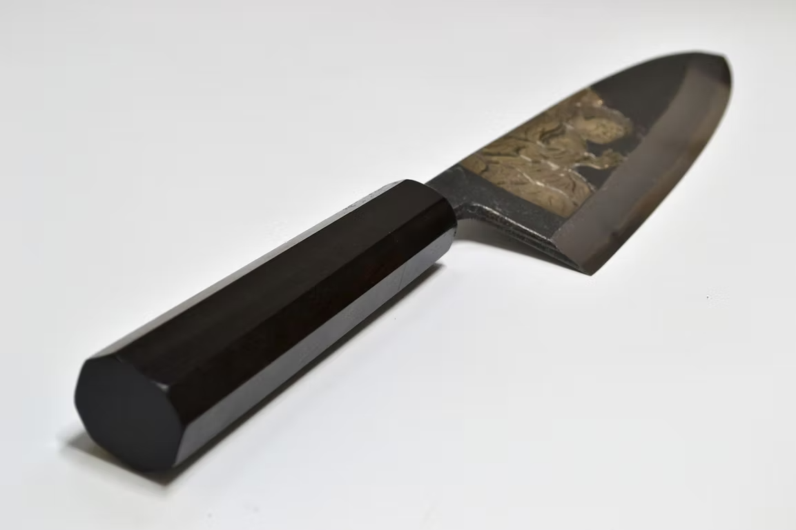 Sakai Takayuki Metal Decorated Engraving by Kubota Buddha White Steel No.2 Black Finished Deba 210mm Ebony Wood (ferrule: Black Water Buffalo Horn And Silver Ring) Handle - Japanny - Best Japanese Knife
