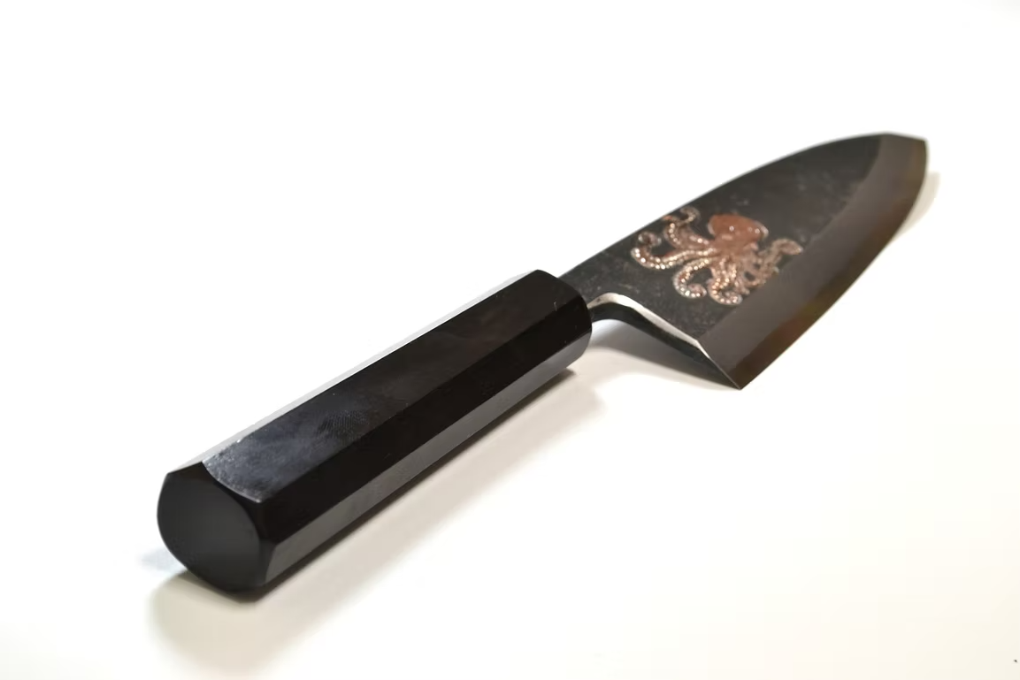 Sakai Takayuki Metal Decorated Engraving by Kubota Octopus White Steel No.2 Black Finished Deba 165mm Ebony Wood (ferrule: Black Water Buffalo Horn And Silver Ring) Handle - Japanny - Best Japanese Knife