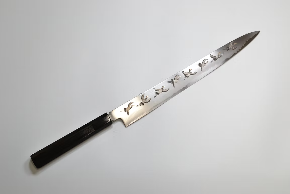 Sakai Takayuki Metal Decorated Engraving by Kubota Flock of cranes Silver Steel No.3 Sujihiki 270mm Ebony Wood (ferrule: Black Water Buffalo Horn And Silver Ring) Handle