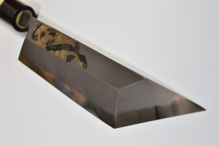 Sakai Takayuki Metal Decorated Engraving by Kubota Eel White Steel No.2 Kasumitogi Eel Knife 210mm Magnolia (Ferrule: Water Buffalo Horn) Handle - Japanny - Best Japanese Knife