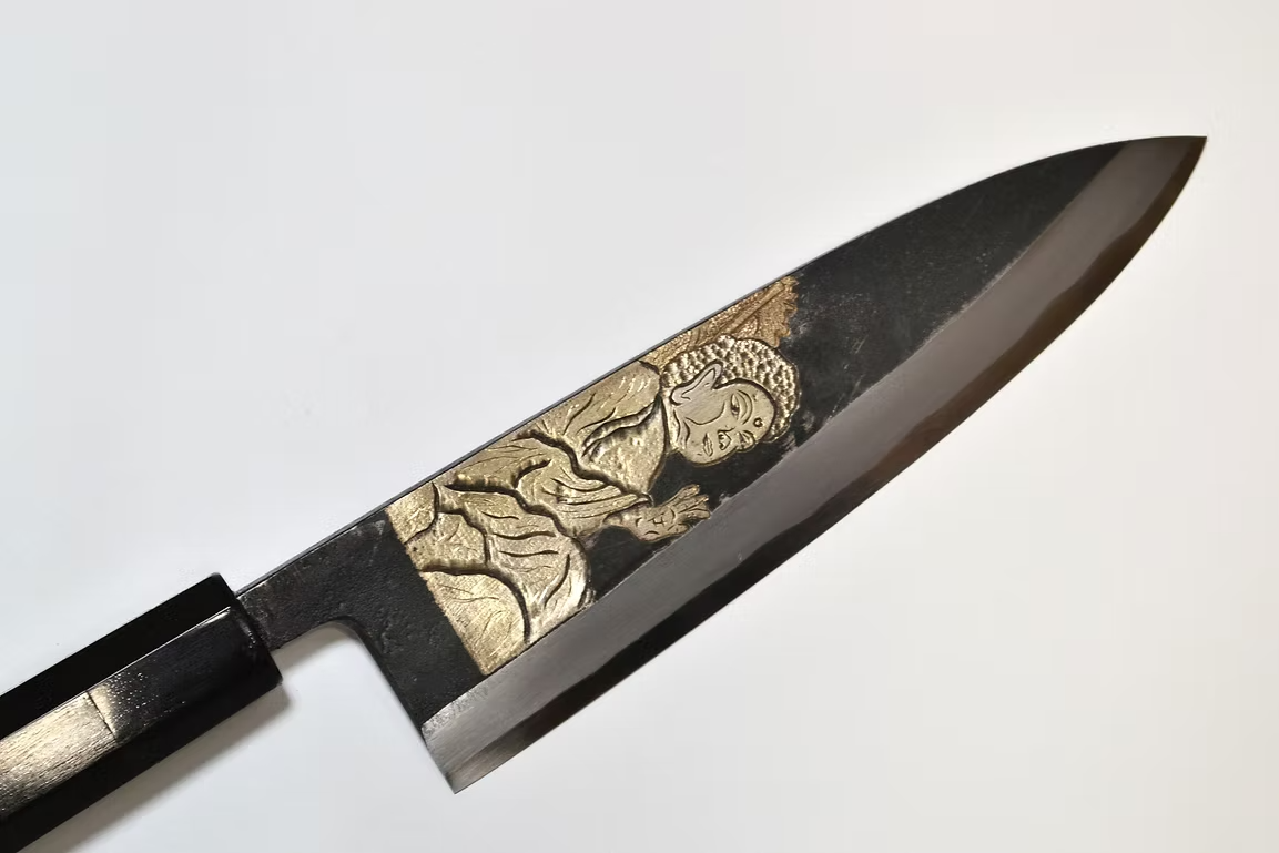 Sakai Takayuki Metal Decorated Engraving by Kubota Buddha White Steel No.2 Black Finished Deba 210mm Ebony Wood (ferrule: Black Water Buffalo Horn And Silver Ring) Handle - Japanny - Best Japanese Knife