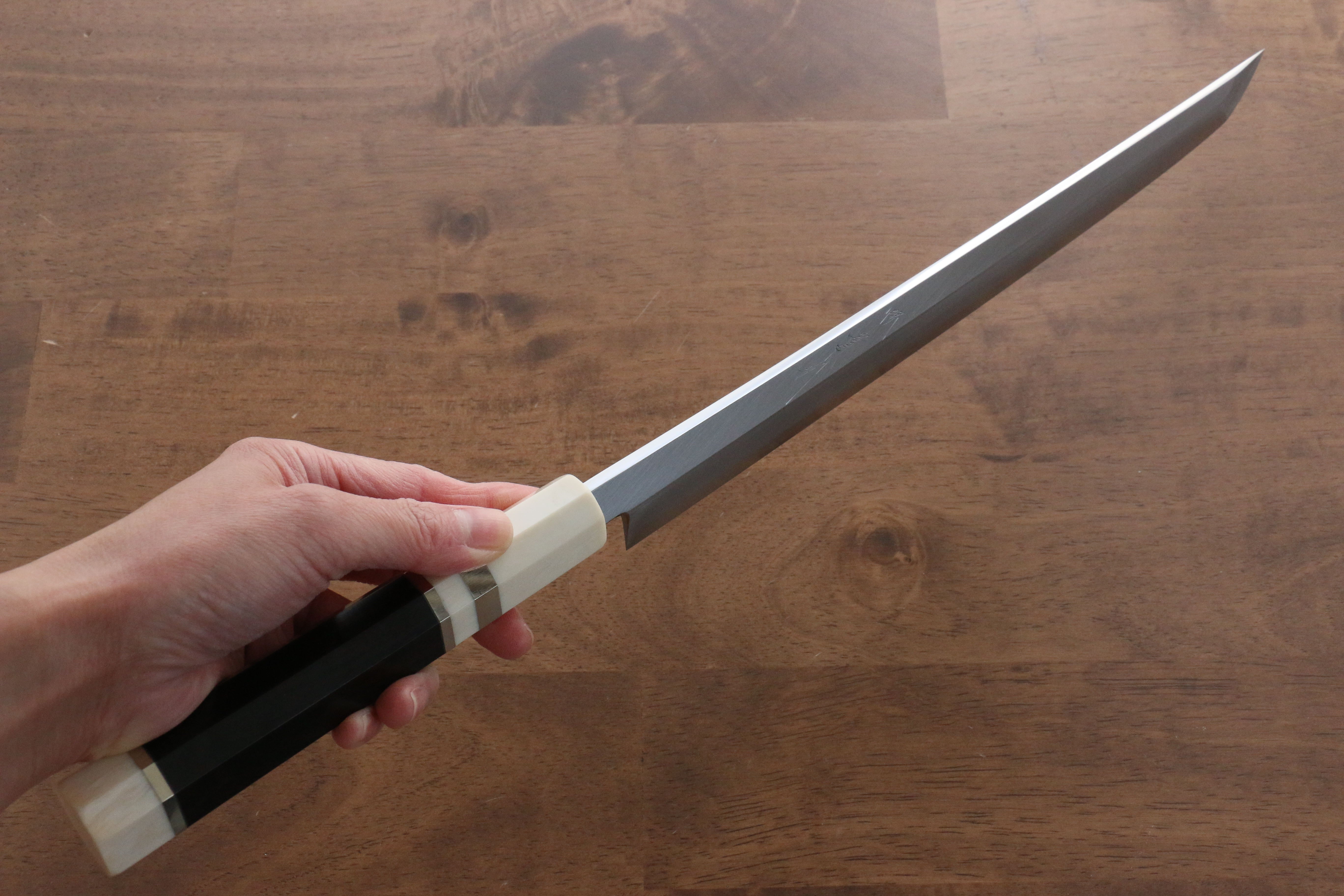 Jikko Shiko Blue Steel Sakimaru Yanagiba  300mm Ebony with Double Ring Handle - Japanny - Best Japanese Knife