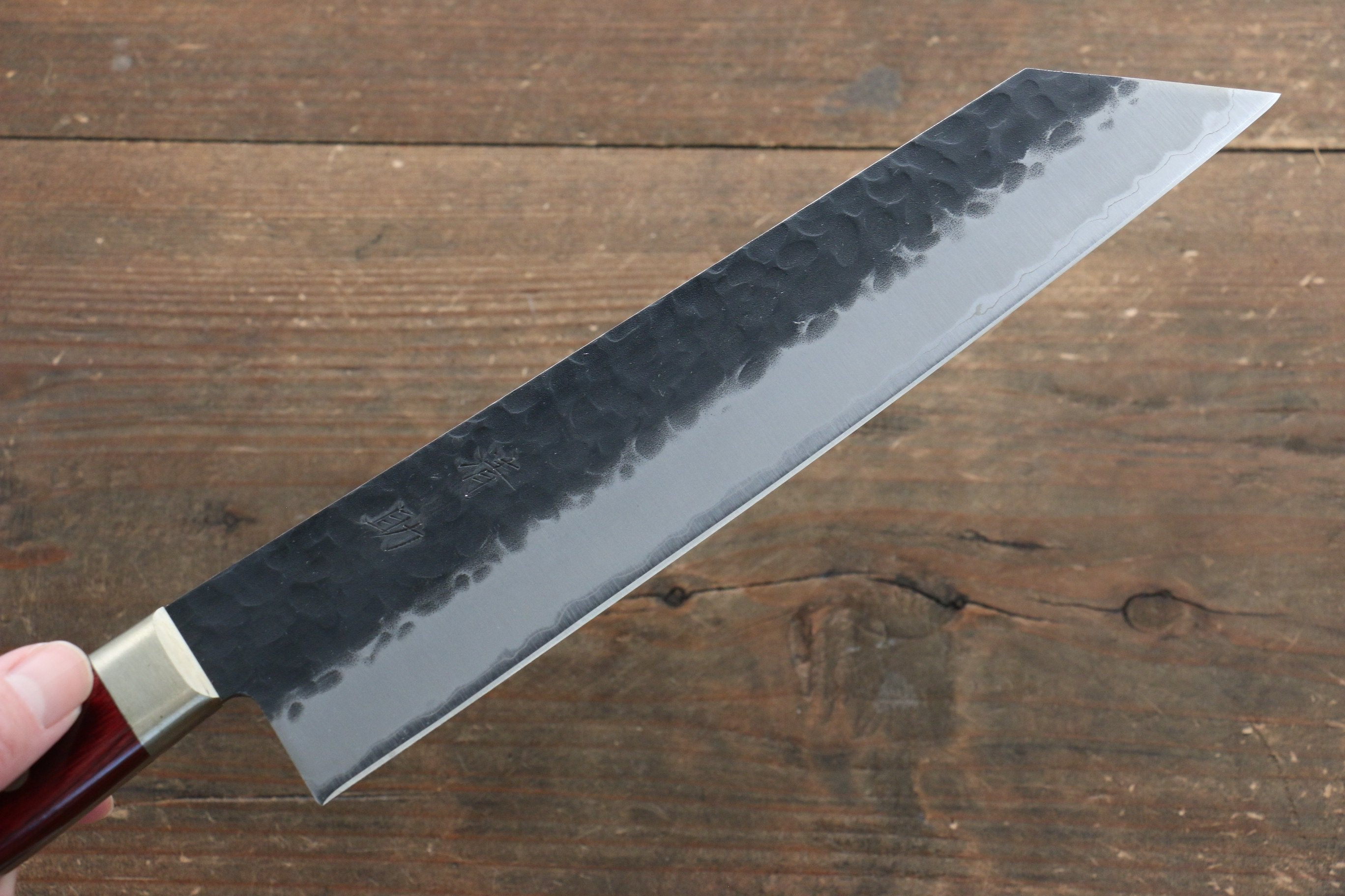 Seisuke Kurobeni Blue Super Hammered Kurouchi Kiritsuke Gyuto 210mm Red Pakka wood Handle - Japanny - Best Japanese Knife