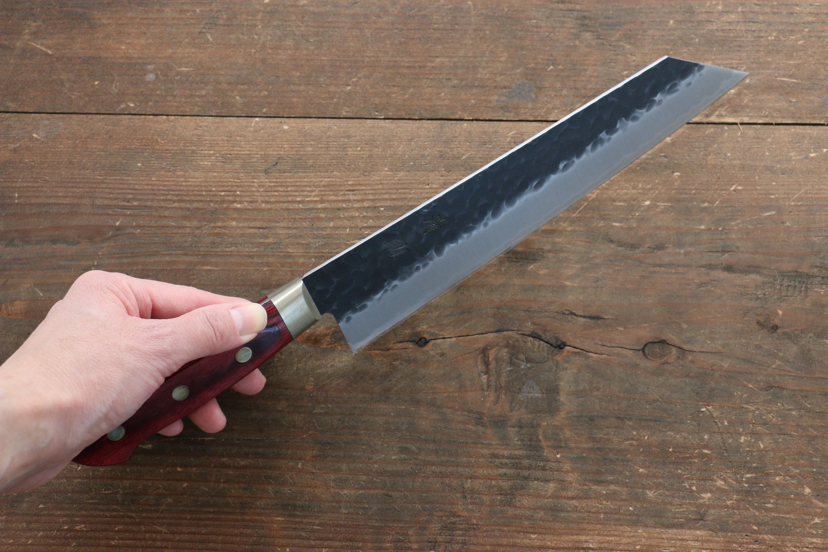 Seisuke Kurobeni Blue Super Hammered Kurouchi Kiritsuke Gyuto 210mm Red Pakka wood Handle - Japanny - Best Japanese Knife
