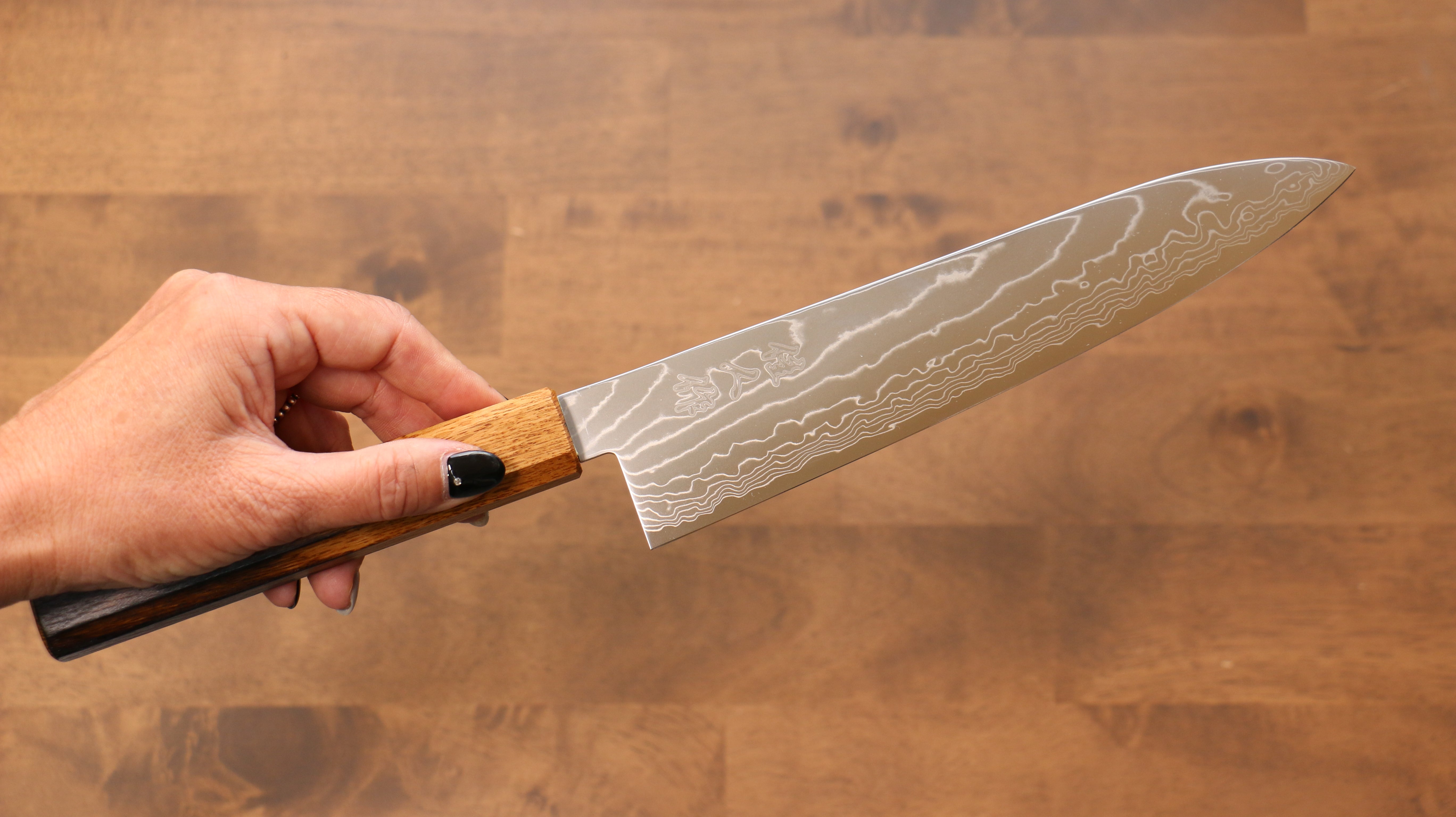 Kajin Cobalt Special Steel Damascus Gyuto 210mm Burnt Oak (Mehakkaku) Handle - Japanny - Best Japanese Knife