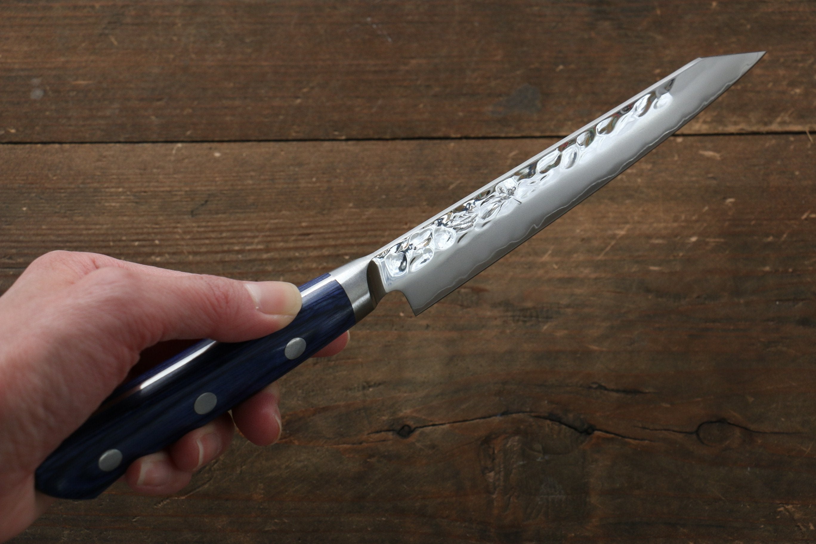 Seisuke Aotsuchi AUS10 Hammered Kiritsuke Petty-Utility 140mm Blue Pakka wood Handle - Japanny - Best Japanese Knife