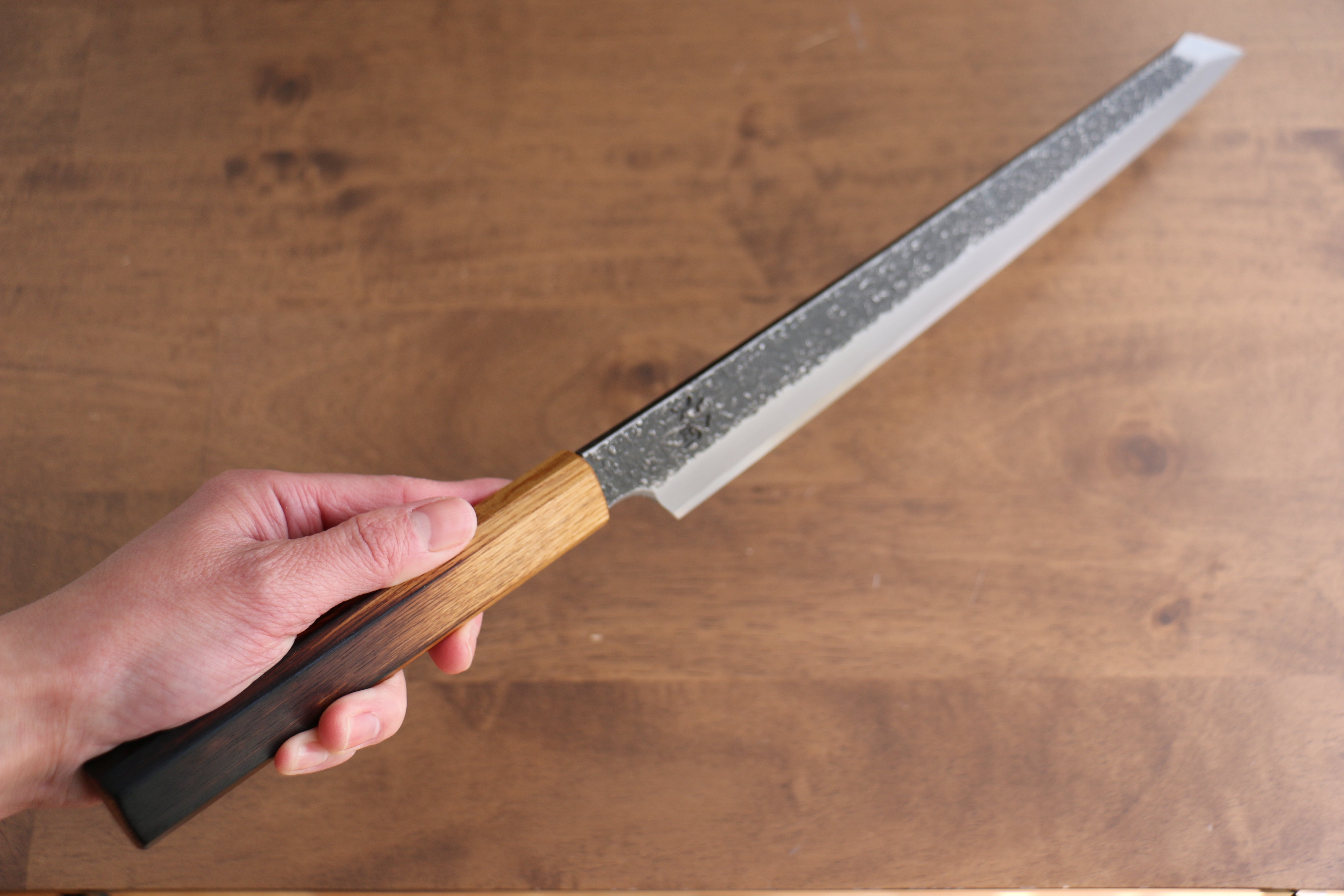 Sakai Takayuki Homura Guren Hien Blue Steel No.2 Kurouchi Hammered Kengata Yanagiba 300mm Burnt Oak Handle - Japanny - Best Japanese Knife