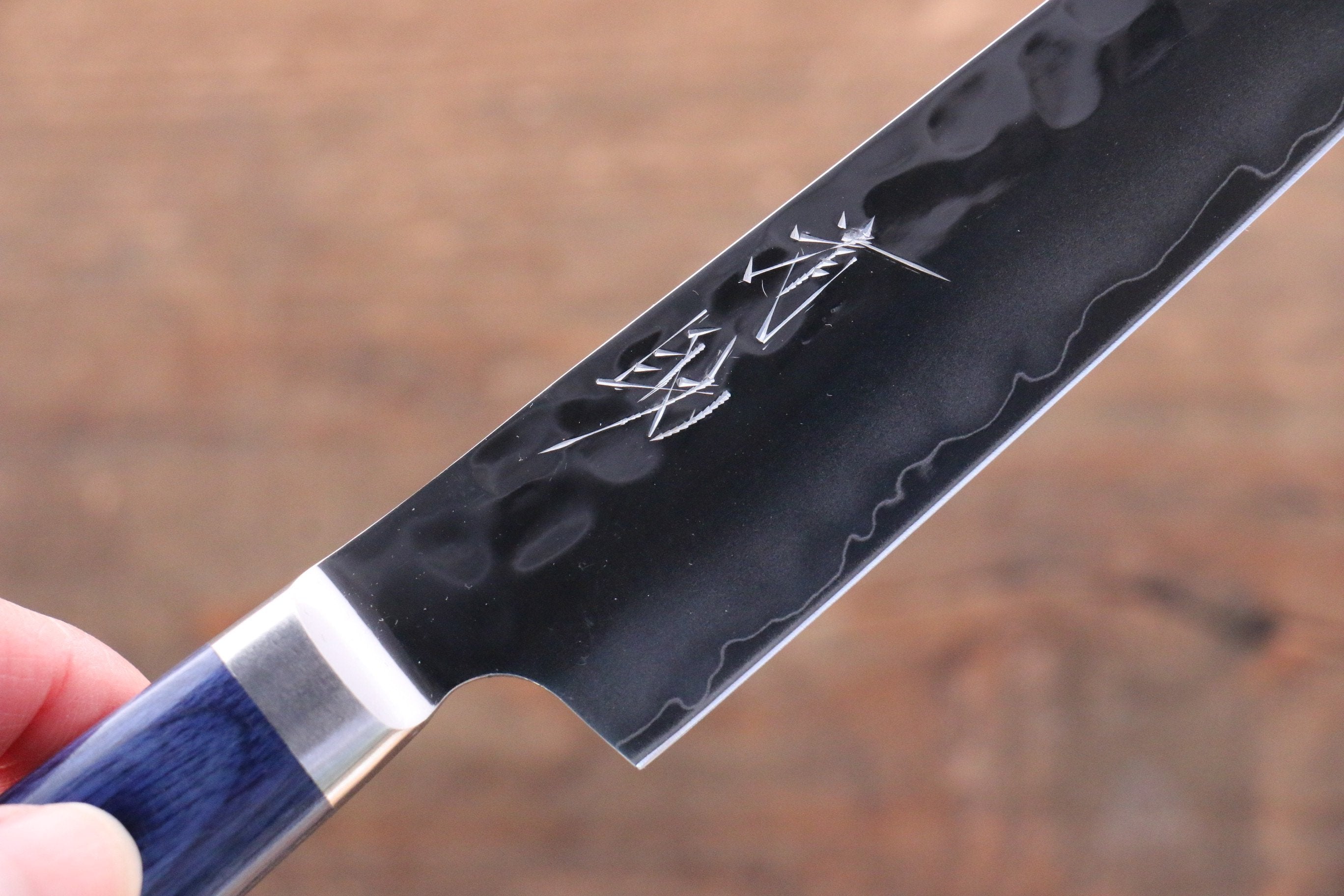 Seisuke Aotsuchi AUS10 Hammered Kiritsuke Petty-Utility 140mm Blue Pakka wood Handle with Sheath - Japanny - Best Japanese Knife
