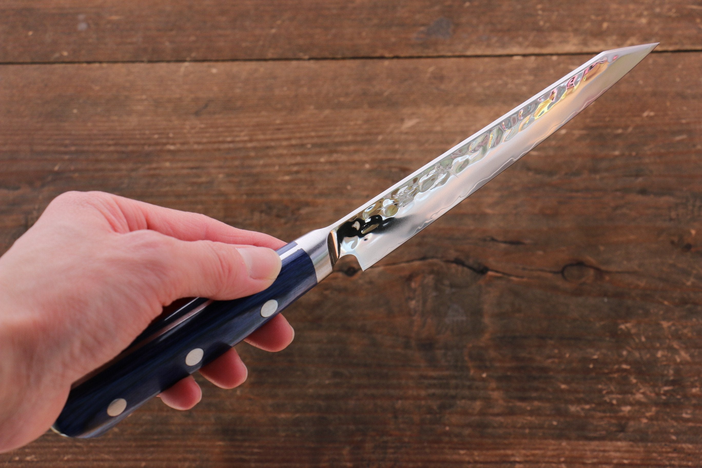 Seisuke Aotsuchi AUS10 Hammered Kiritsuke Petty-Utility 140mm Blue Pakka wood Handle with Sheath - Japanny - Best Japanese Knife