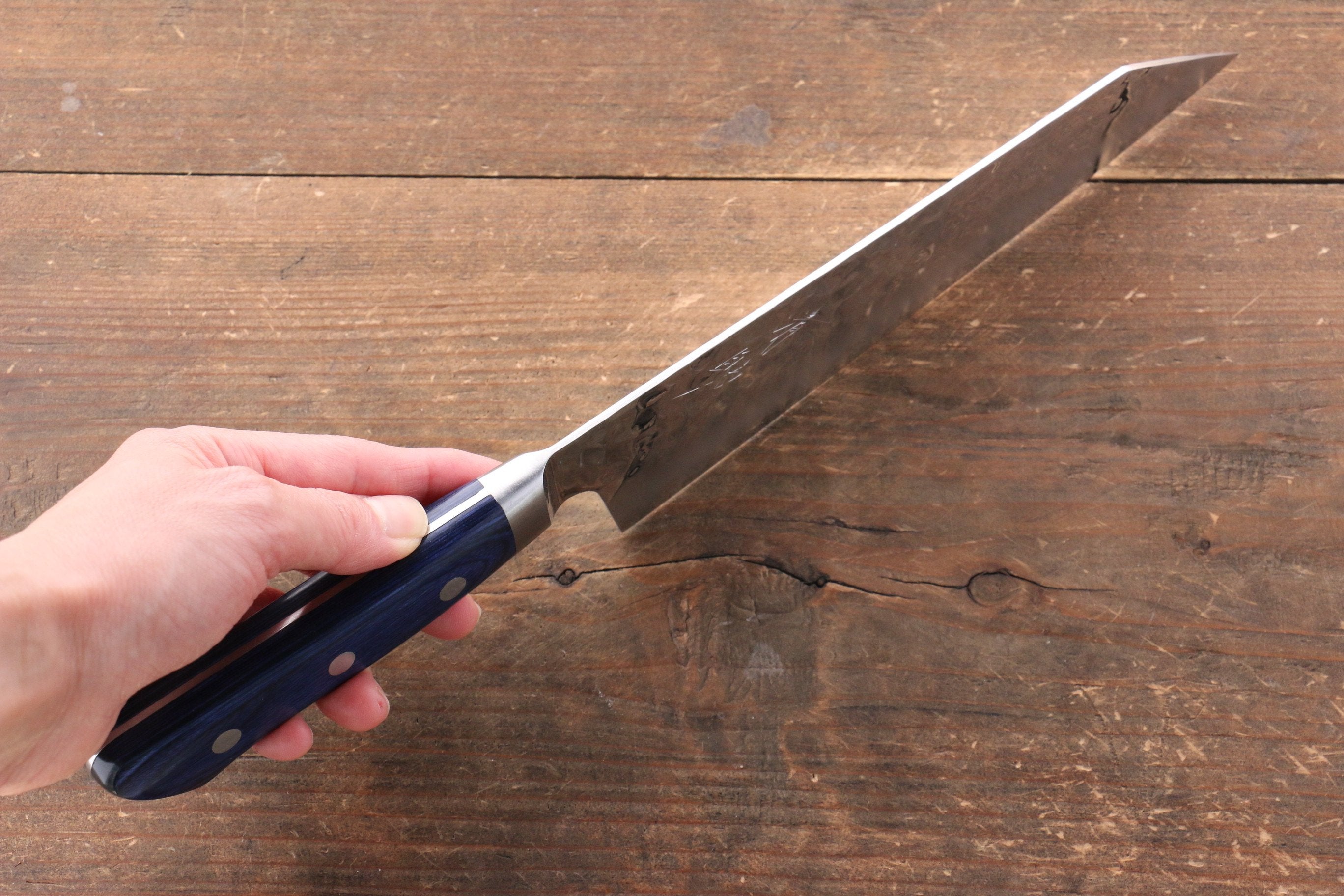 Seisuke Aotsuchi AUS10 Hammered Kiritsuke Santoku 195mm Blue Pakka wood Handle with Sheath - Japanny - Best Japanese Knife