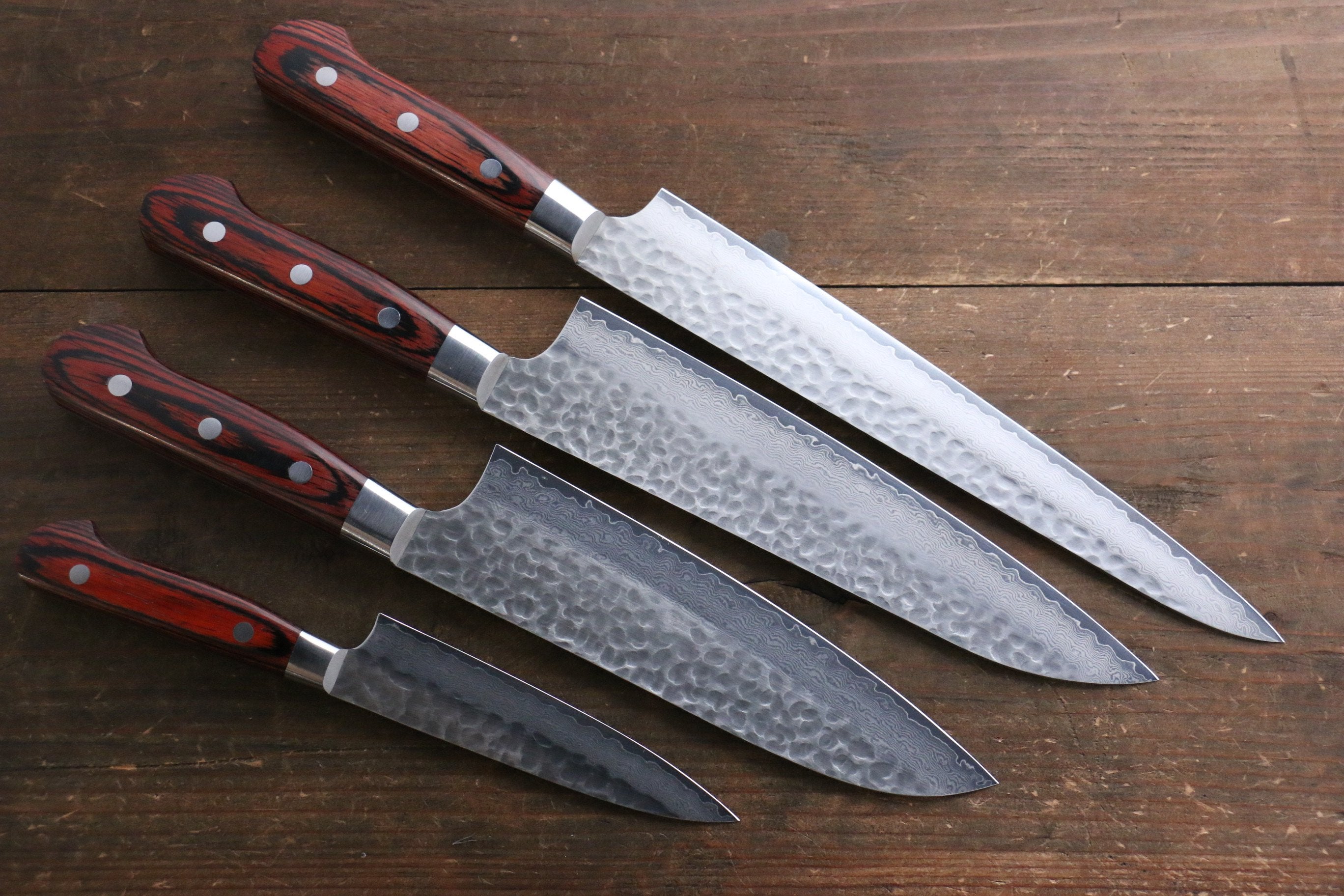 Sakai Takayuki VG10 33 Layer Damascus Sujihiki 240mm, Gyuto 210mm, Santoku 180mm & Petty 120mm Set - Japanny - Best Japanese Knife