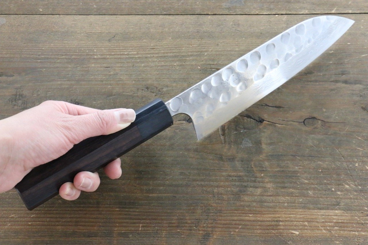Seisuke Blue Steel No.2 Hammered Damascus Santoku 180mm Shitan Handle - Japanny - Best Japanese Knife