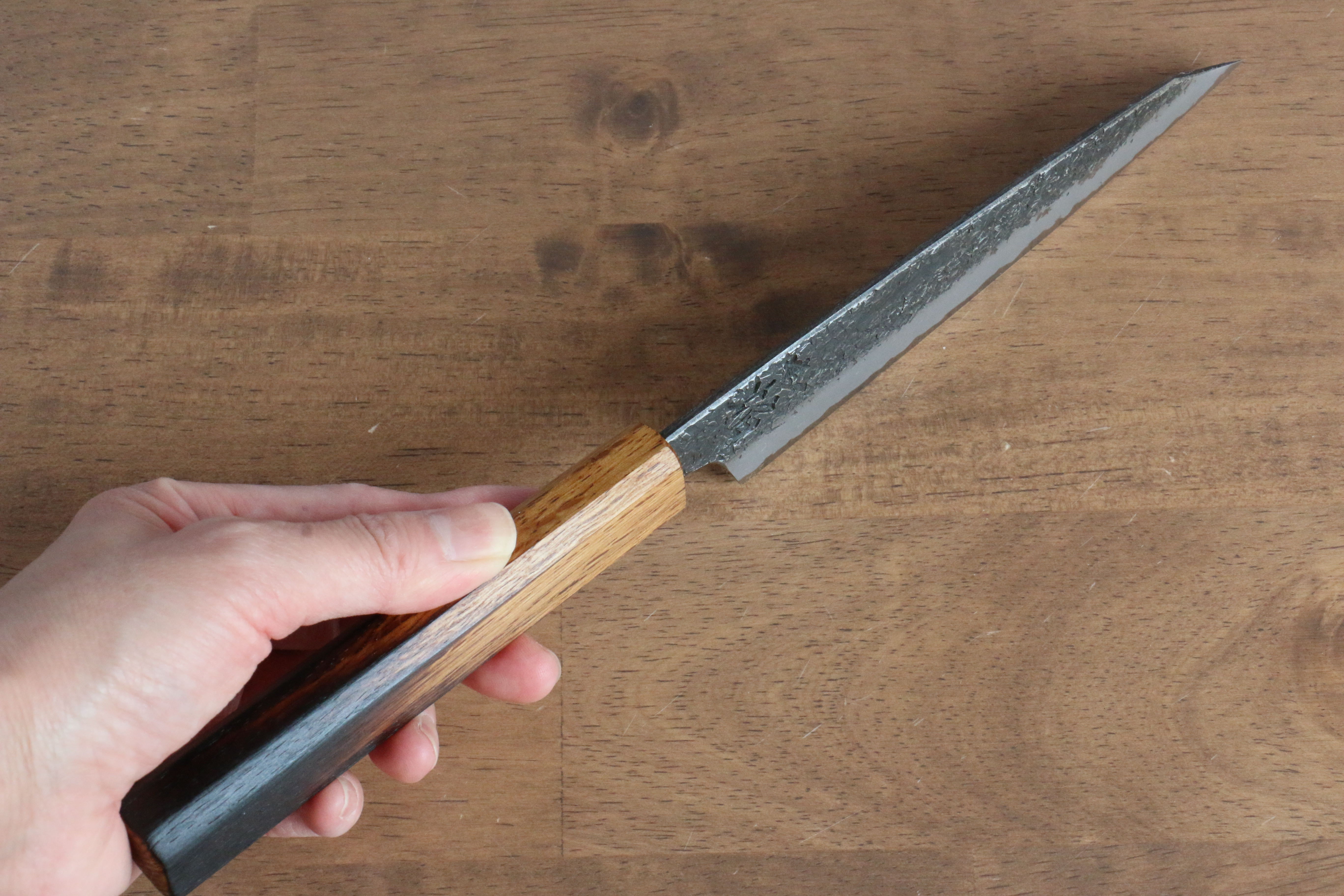 Sakai Takayuki Homura Guren Blue Steel No.2 Kurouchi Hammered Kiritsuke Petty-Utility 150mm Burnt Oak Handle - Japanny - Best Japanese Knife
