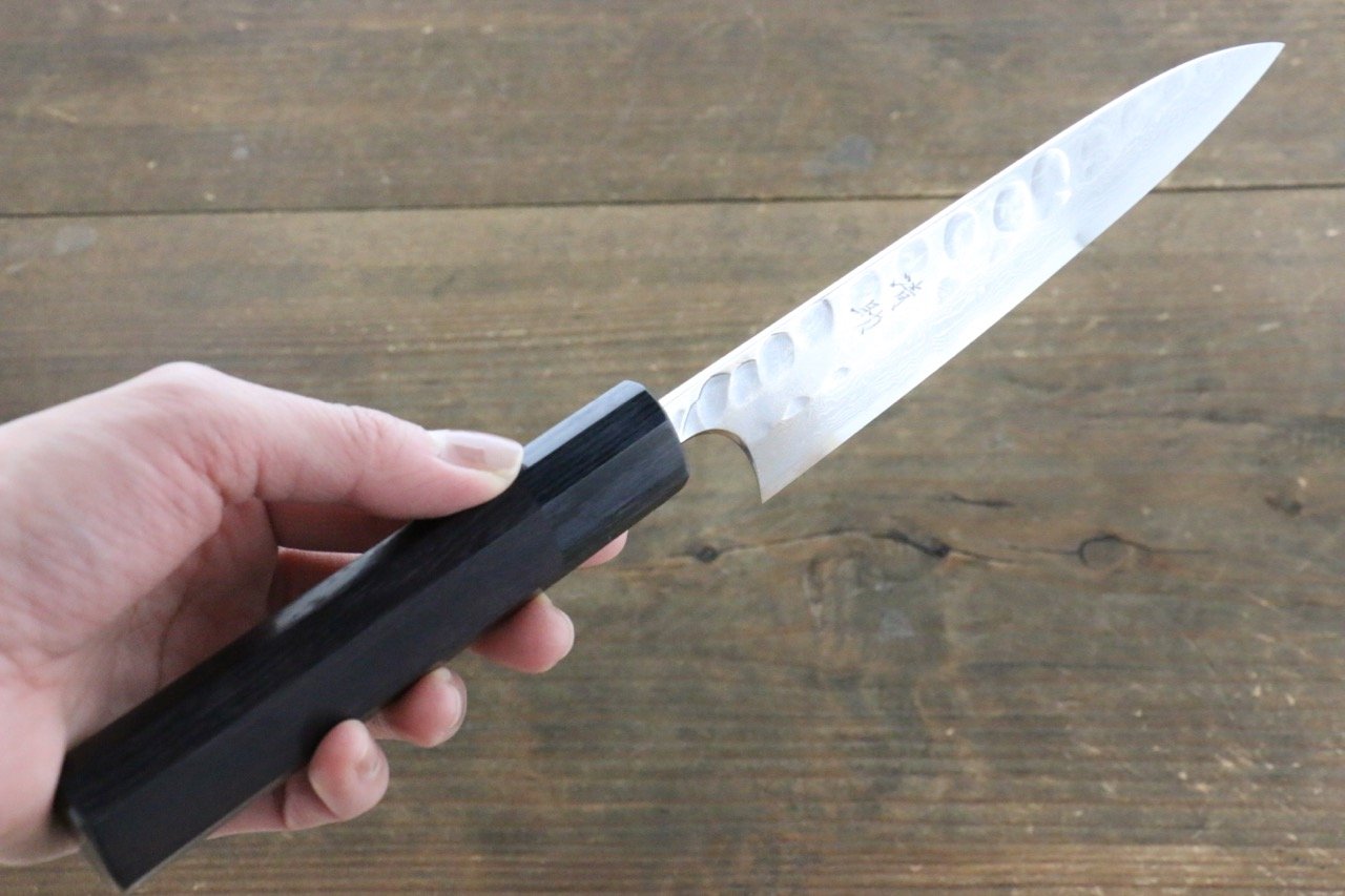 Seisuke Blue Steel No.2 Hammered Damascus Petty-Utility 150mm Shitan Handle - Japanny - Best Japanese Knife