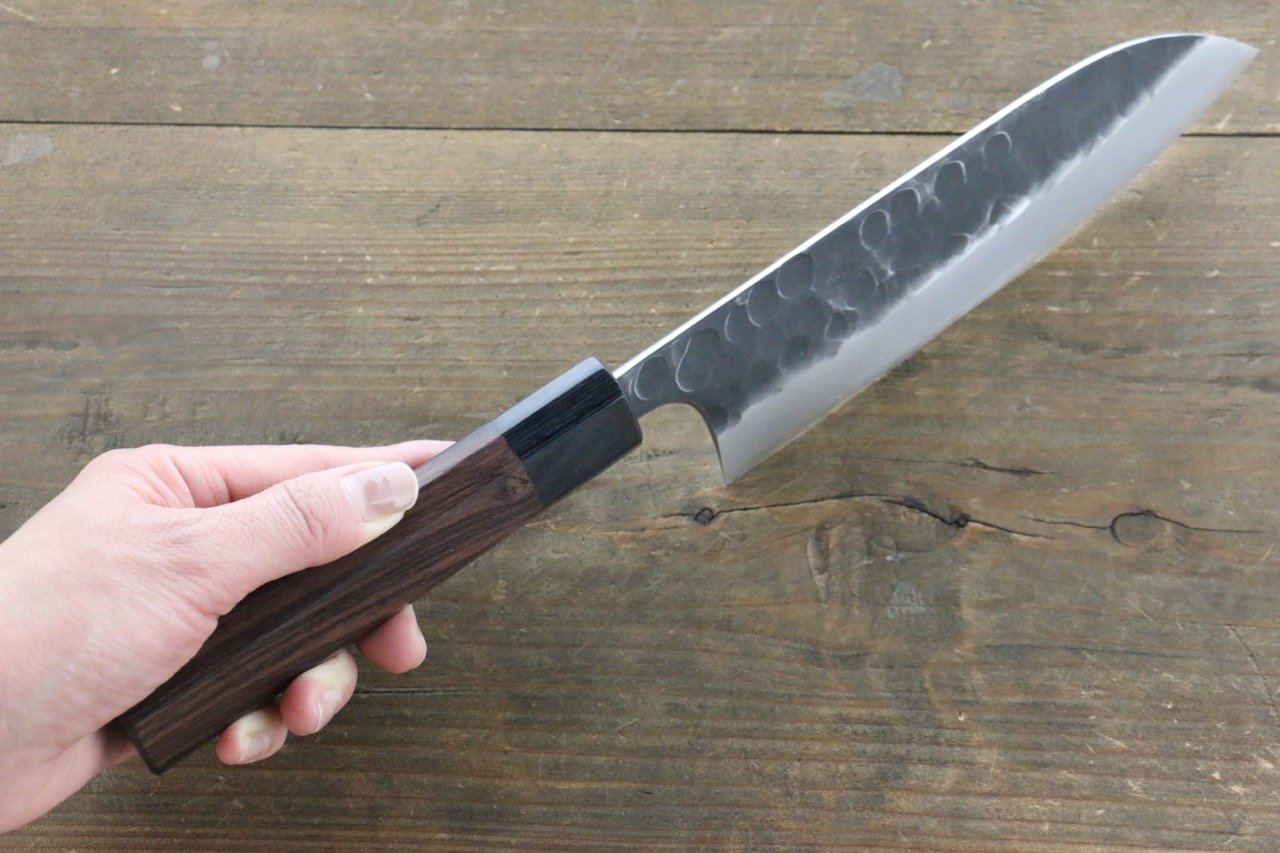 Seisuke Blue Steel No.2 Hammered Kurouchi Santoku 180mm Shitan Handle - Japanny - Best Japanese Knife