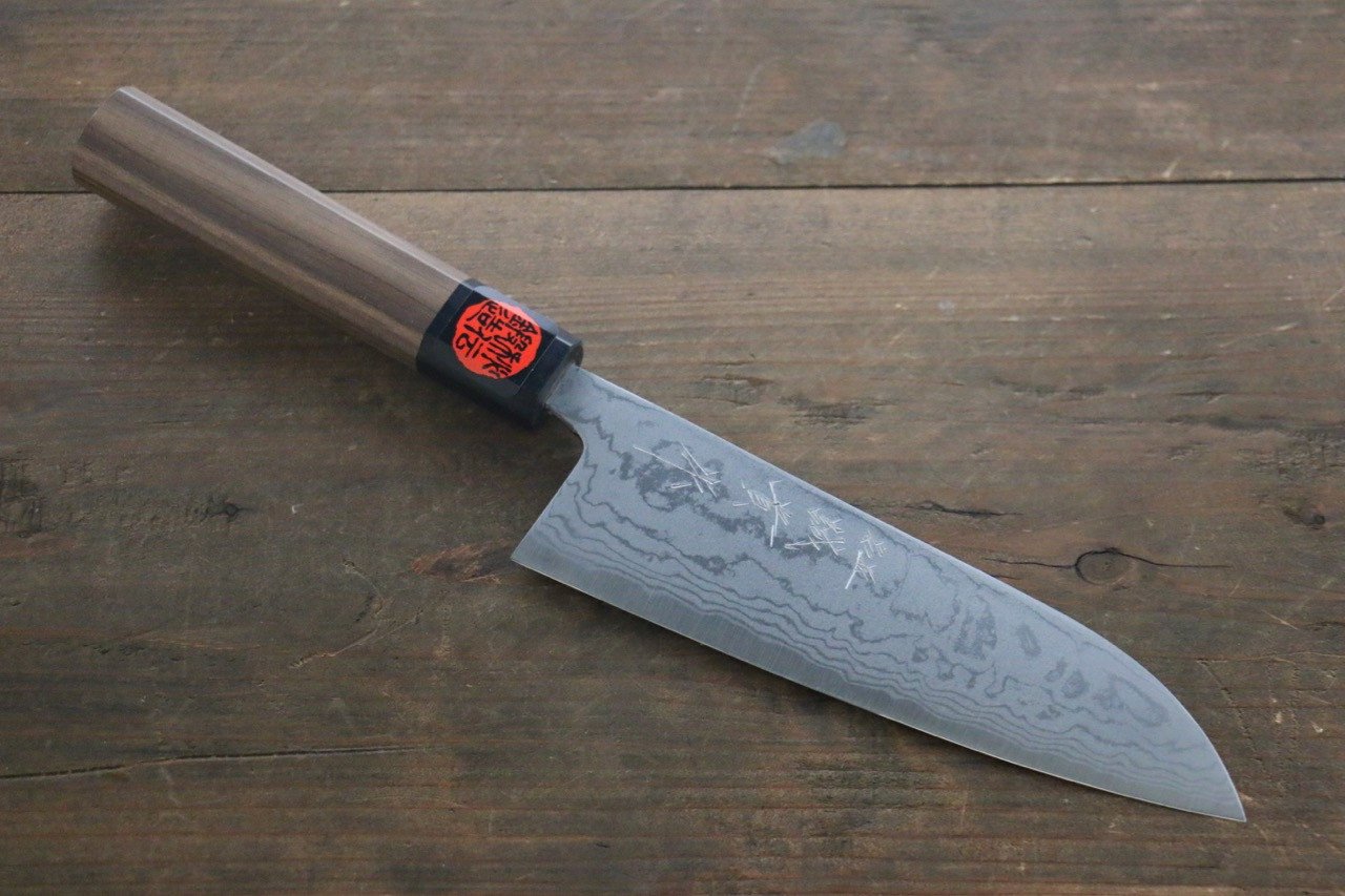 Shigeki Tanaka Blue Steel No.2 Damascus Santoku  165mm Walnut Handle - Japanny - Best Japanese Knife