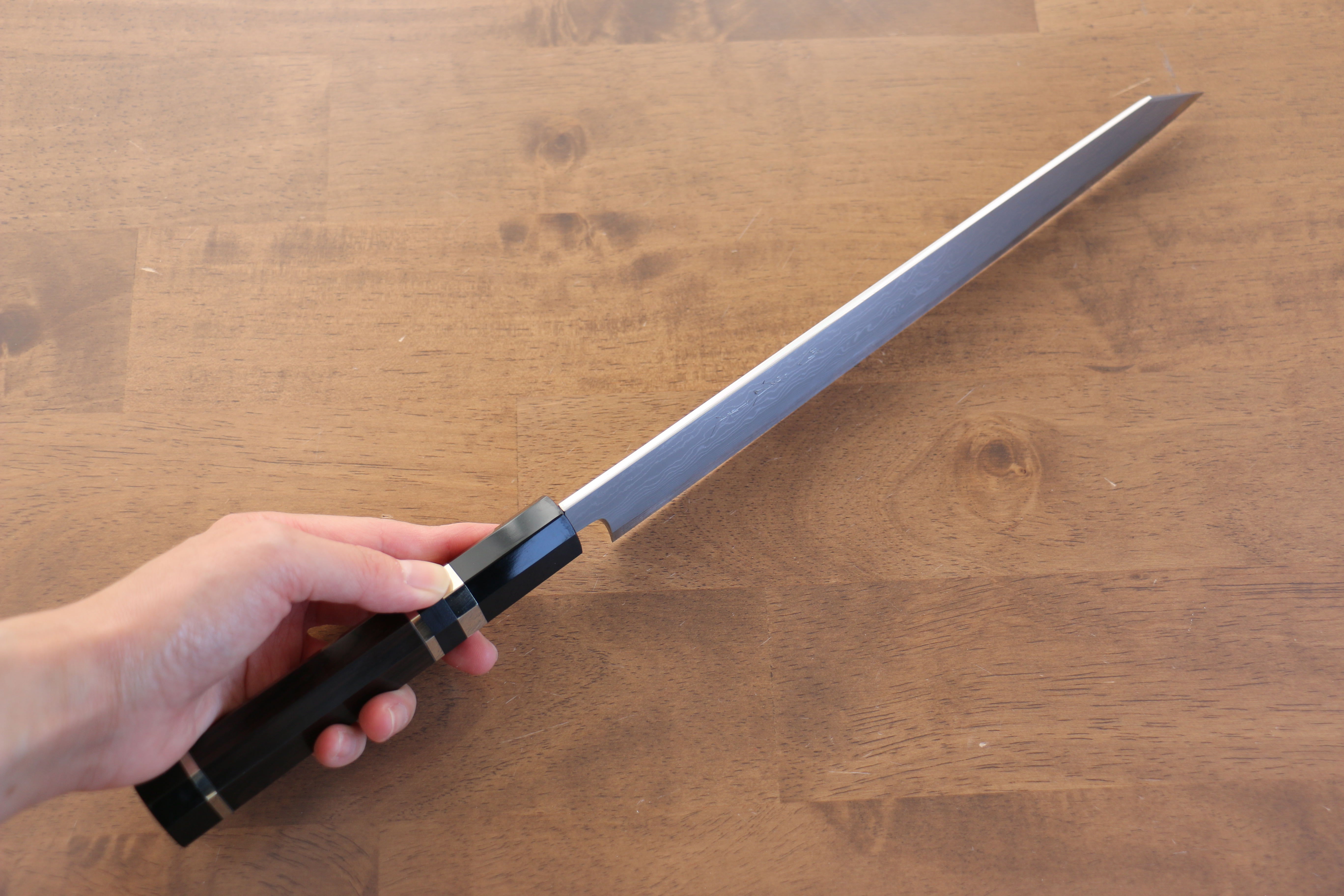 Jikko Blue Steel Damascus Kiritsuke Sujihiki  270mm Ebony with Double Ring Handle - Japanny - Best Japanese Knife