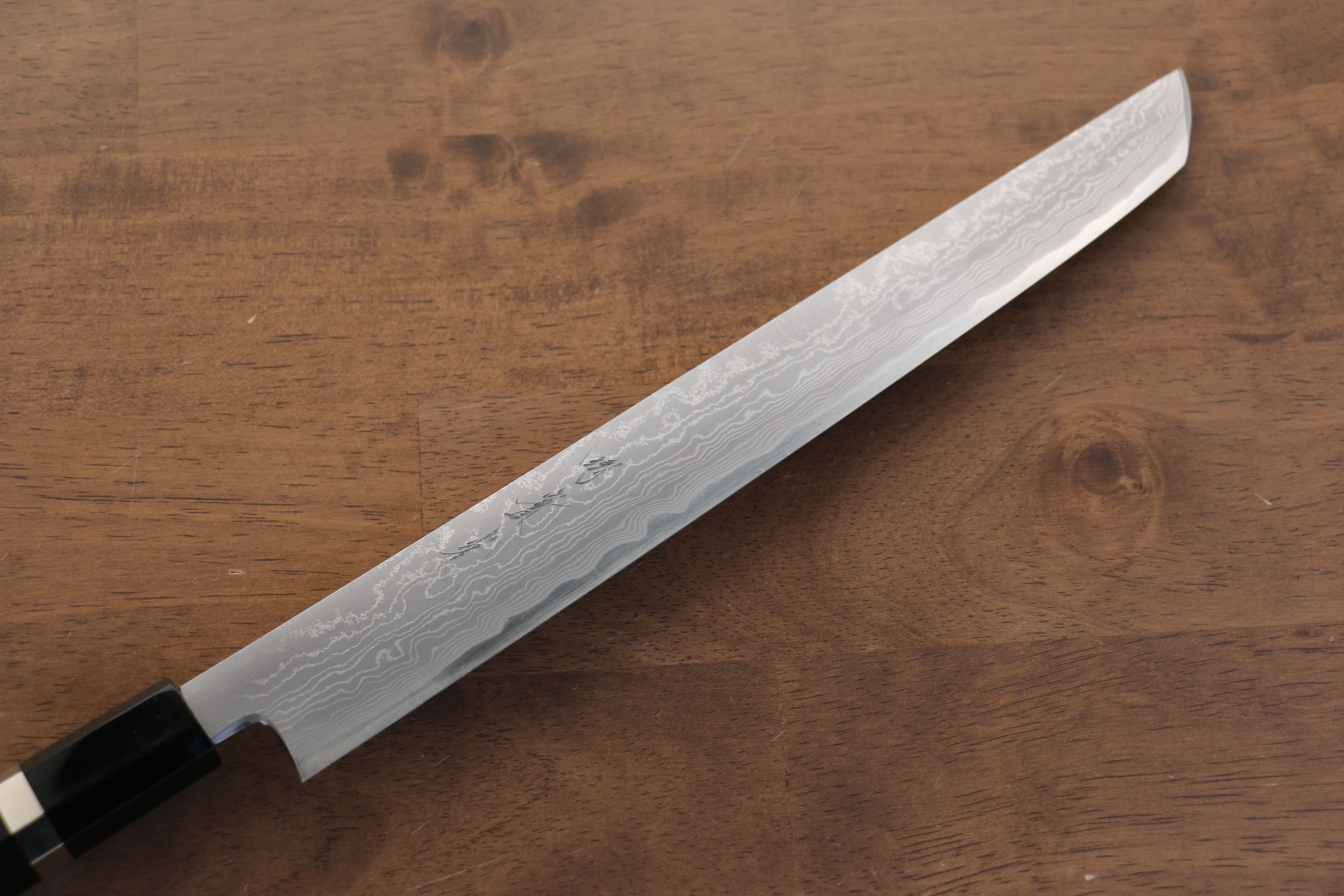 Jikko Blue Steel Damascus Sakimaru Sujihiki  270mm Ebony with Double Ring Handle - Japanny - Best Japanese Knife