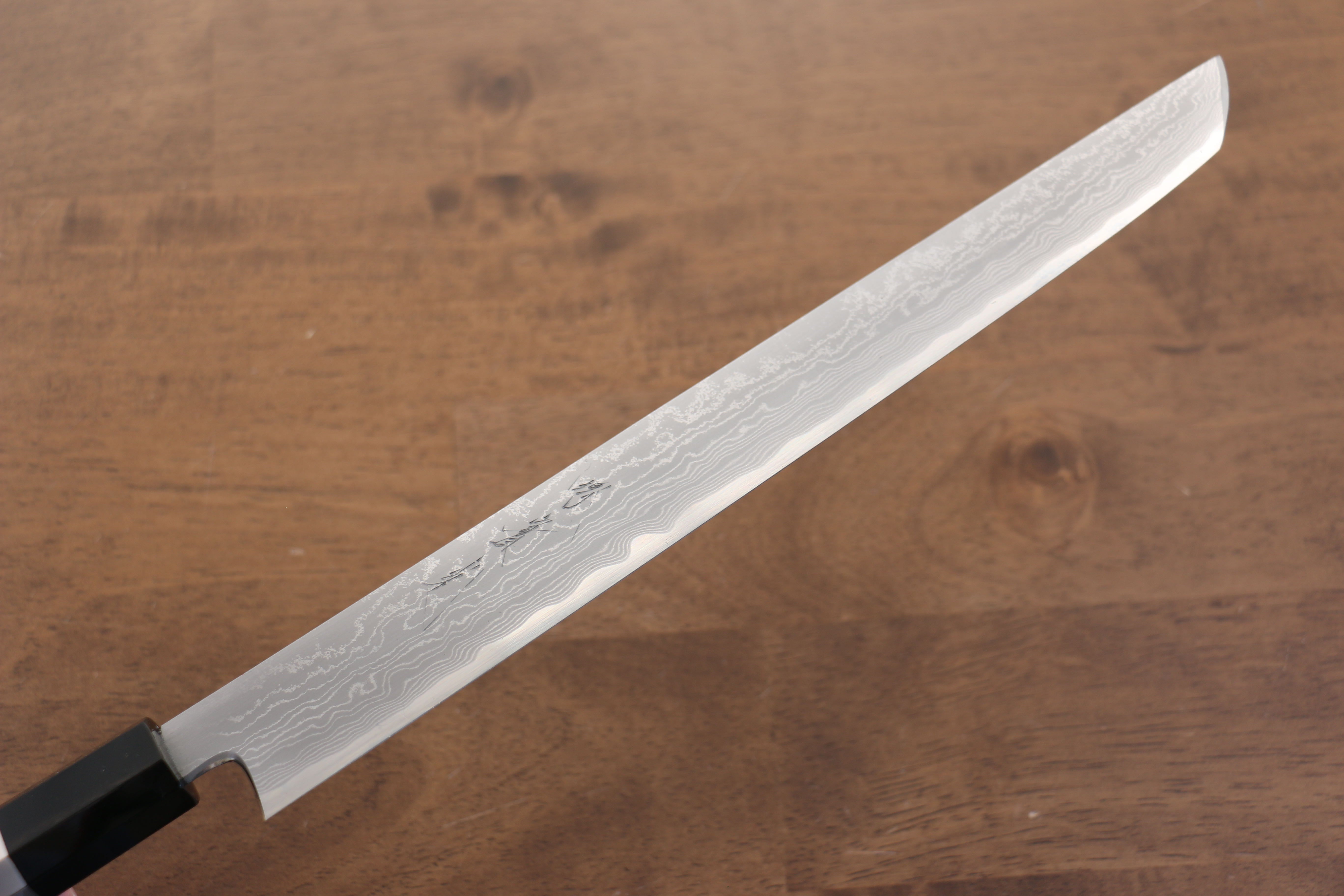 Jikko Blue Steel Damascus Sakimaru Sujihiki  270mm Ebony with Double Ring Handle - Japanny - Best Japanese Knife