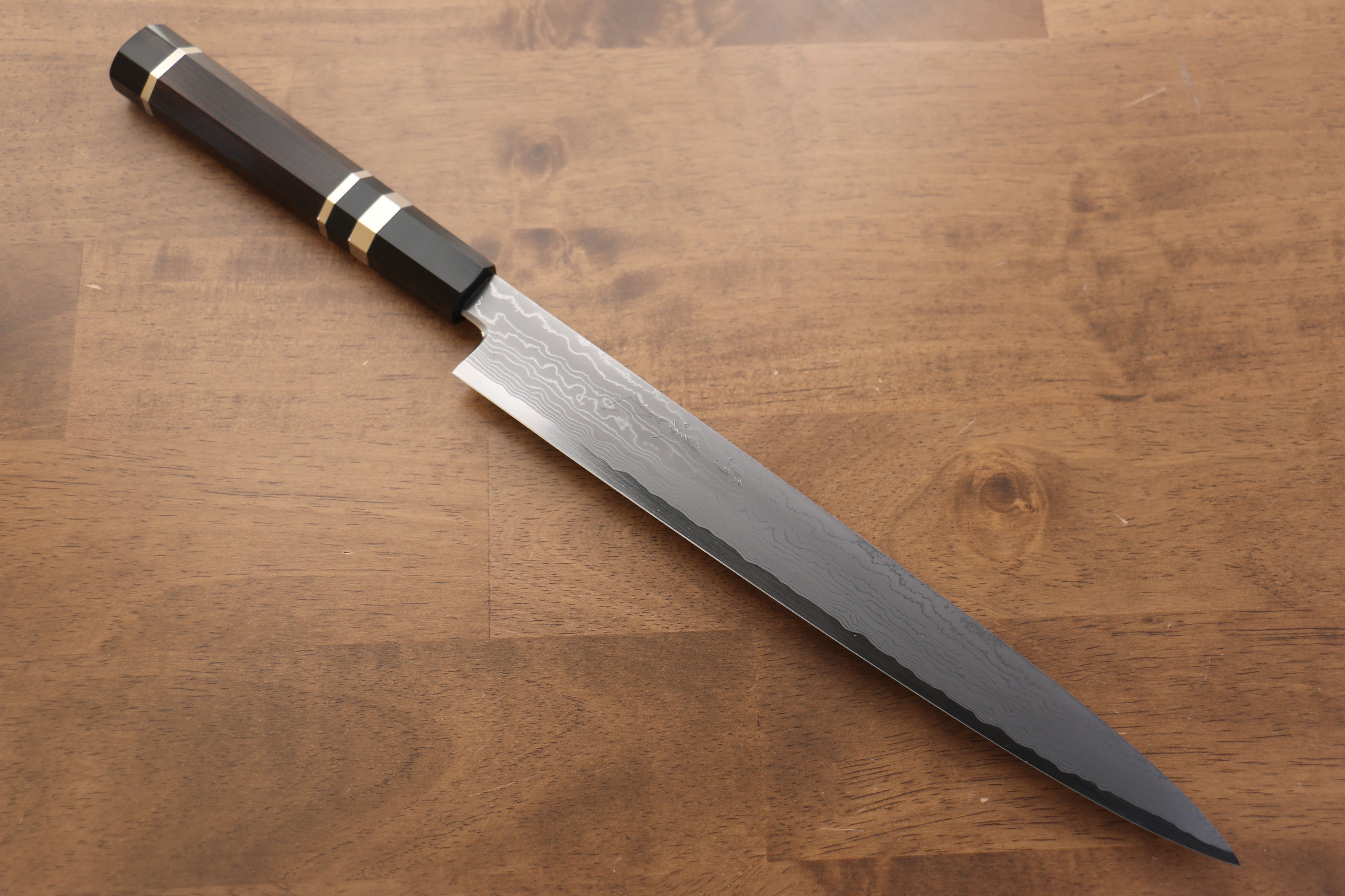 Jikko Blue Steel Damascus Sujihiki  300mm Ebony with Double Ring Handle - Japanny - Best Japanese Knife
