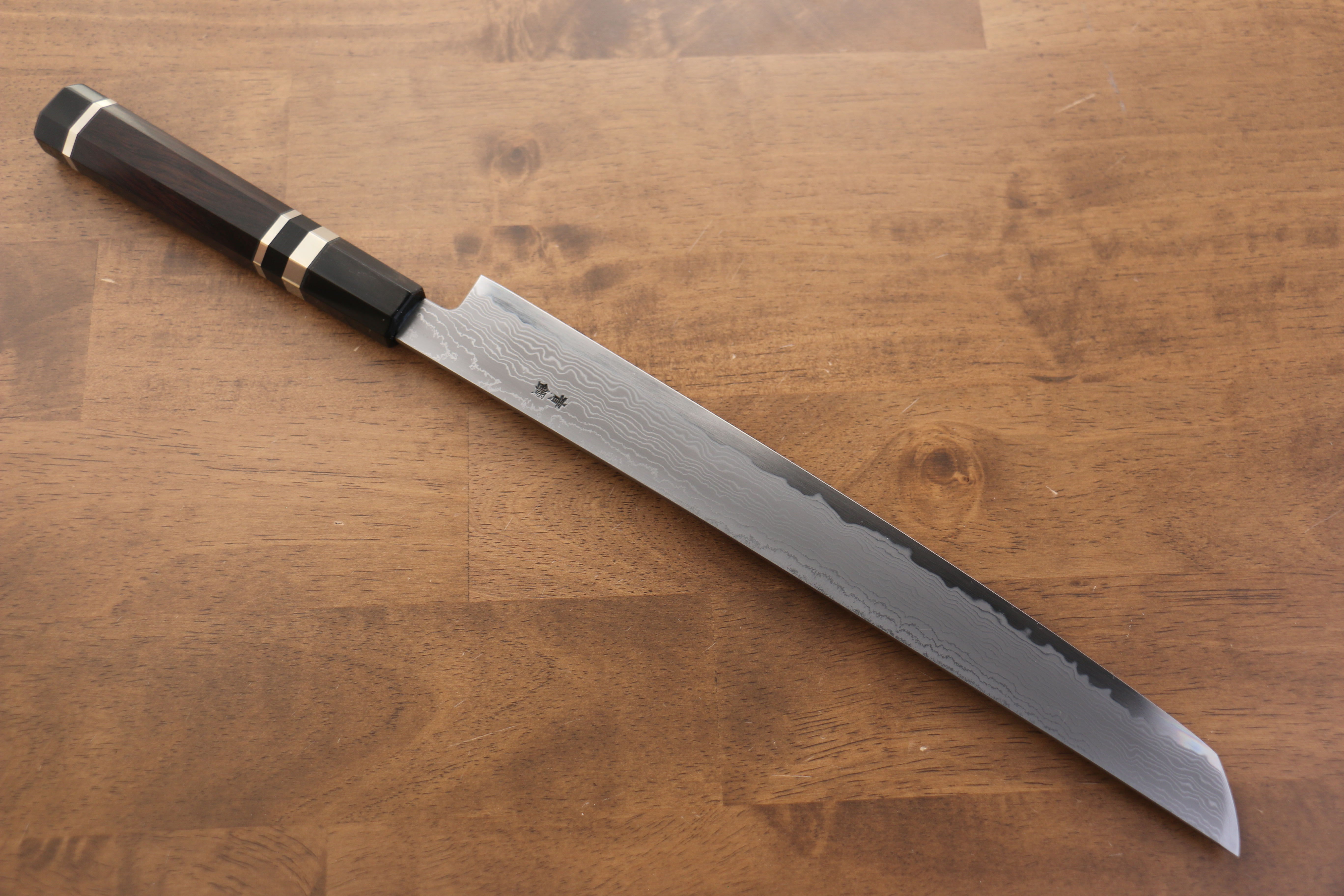 Jikko Blue Steel Damascus Sakimaru Sujihiki  300mm Ebony with Double Ring Handle - Japanny - Best Japanese Knife