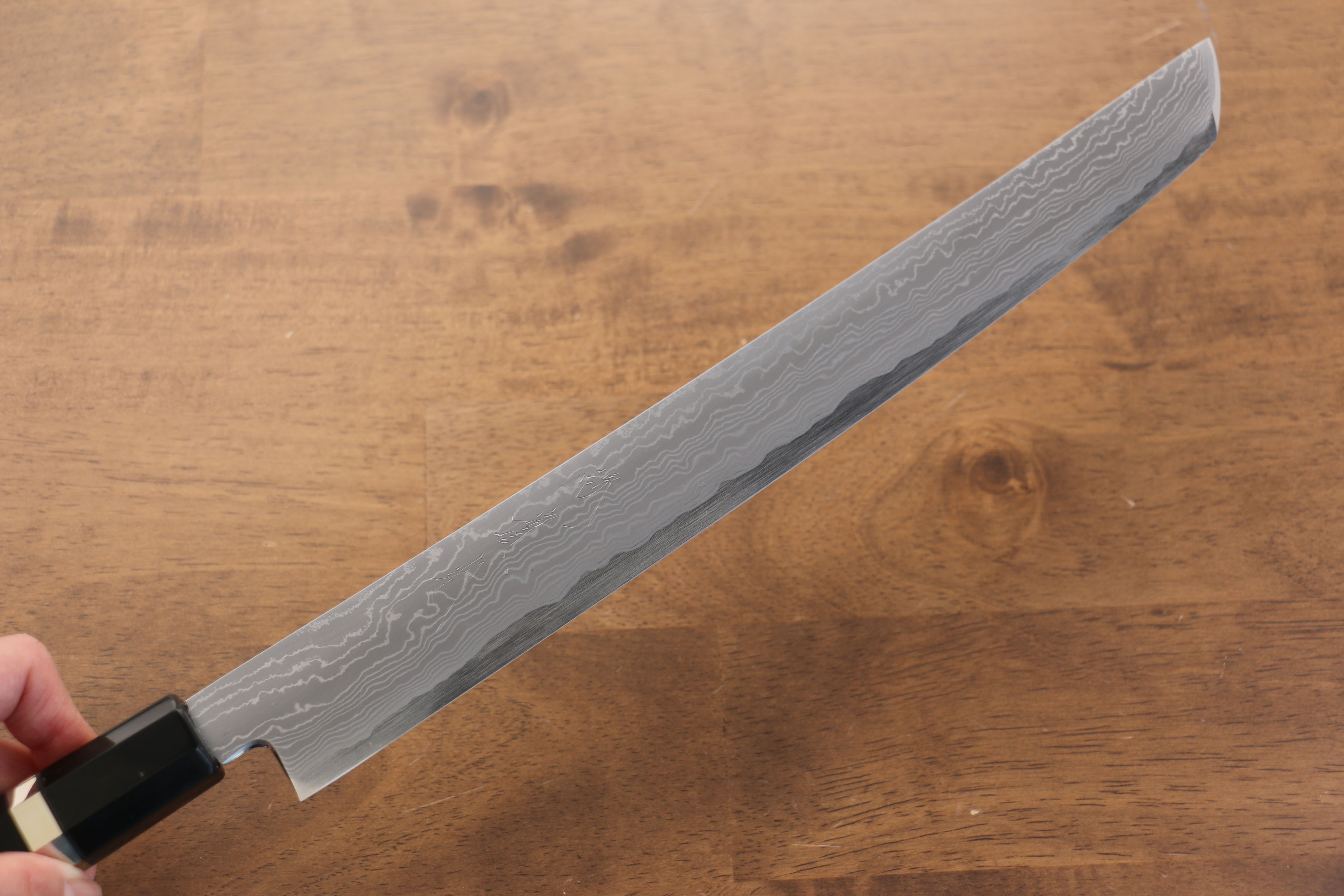 Jikko Blue Steel Damascus Sakimaru Sujihiki  300mm Ebony with Double Ring Handle - Japanny - Best Japanese Knife