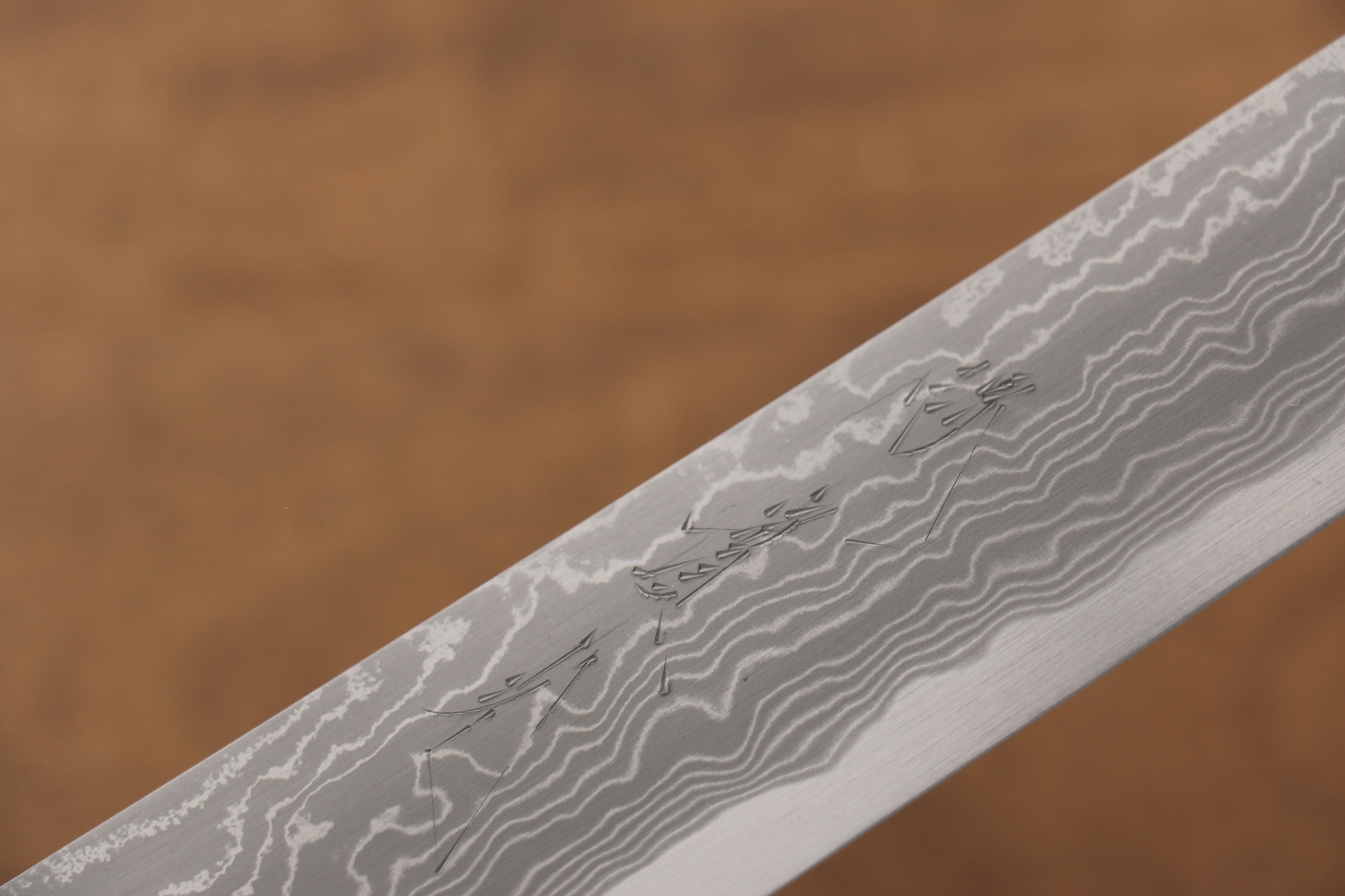 Jikko Blue Steel Damascus Sakimaru Sujihiki  300mm Ebony with Double Ring Handle - Japanny - Best Japanese Knife